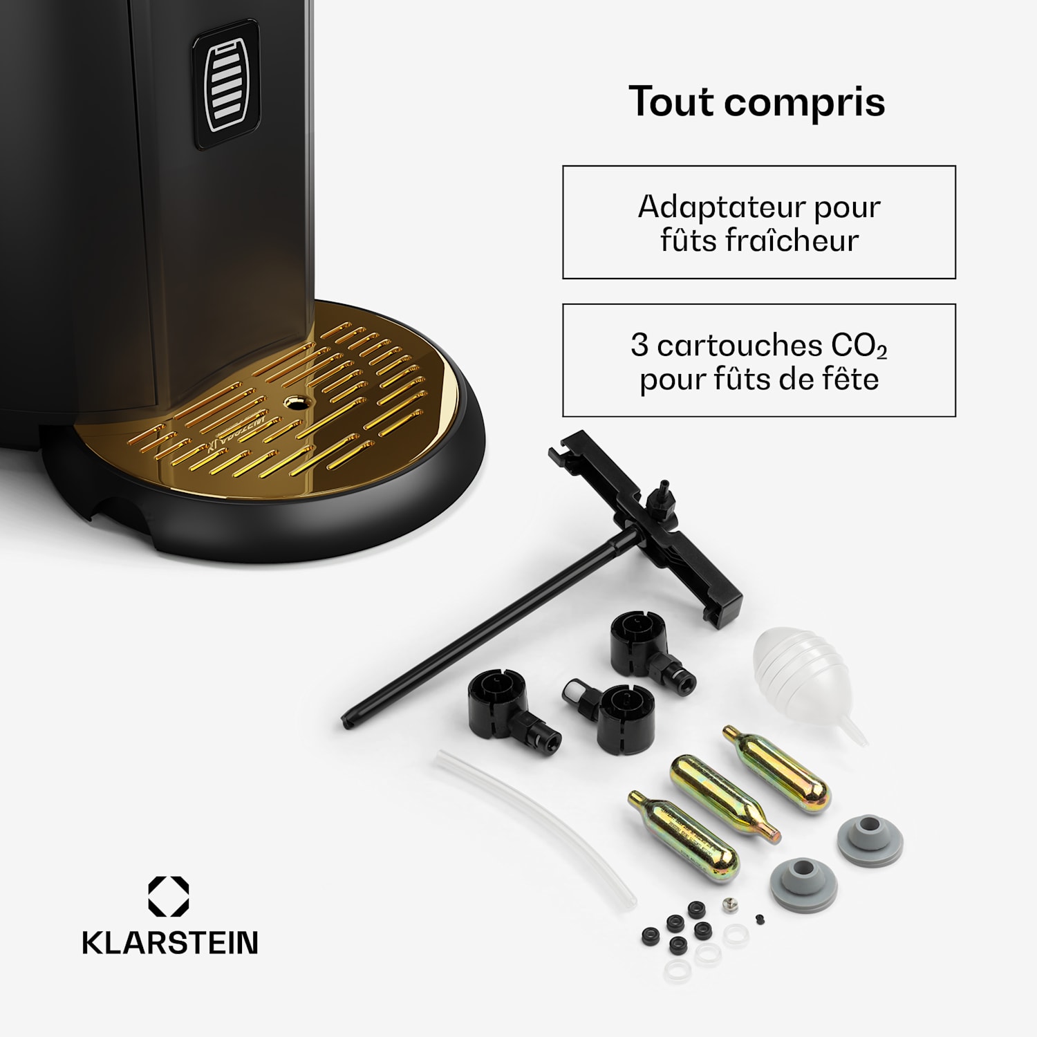 Beerkules tireuse à bière | pour fûts de 5 L | compresseur de refroidissement | écran LED | 6 niveaux de température Noir / Or Antique Métallisé