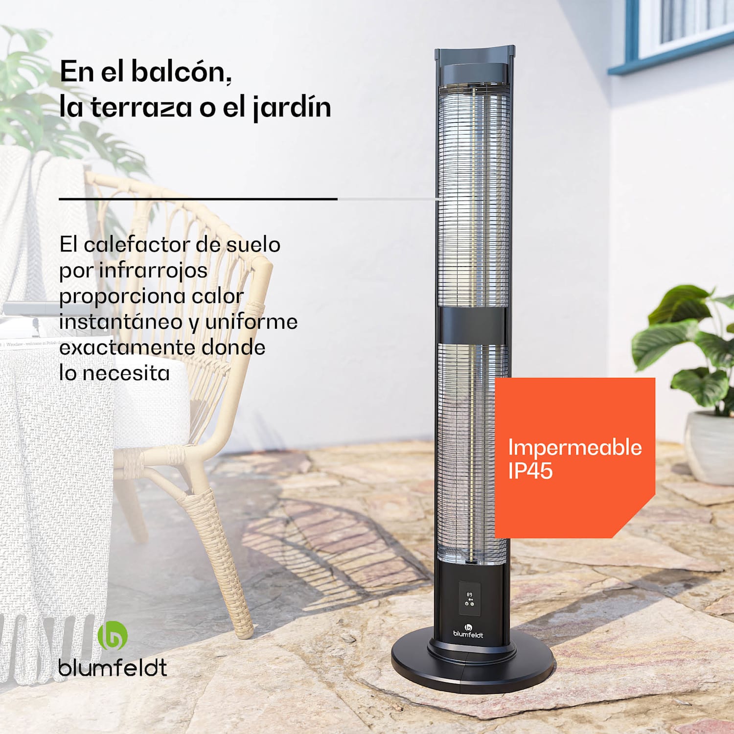 Calefactor de suelo BlazeTower | 3000 W | zona exterior | 3 niveles | IP45 | mando a distancia | temporizador 3000 W