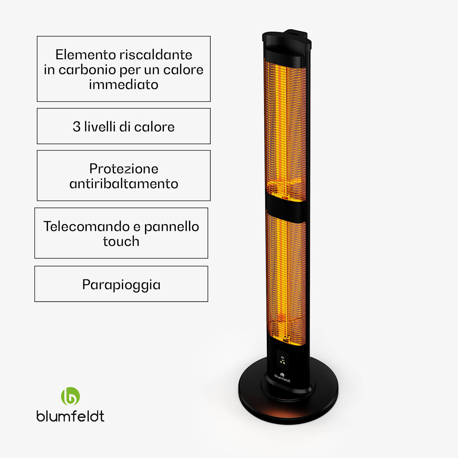 BlazeTower - Stufa a piantana | 3000 W | Uso esterno | 3 livelli | IP45 | Telecomando | Timer 3000 W