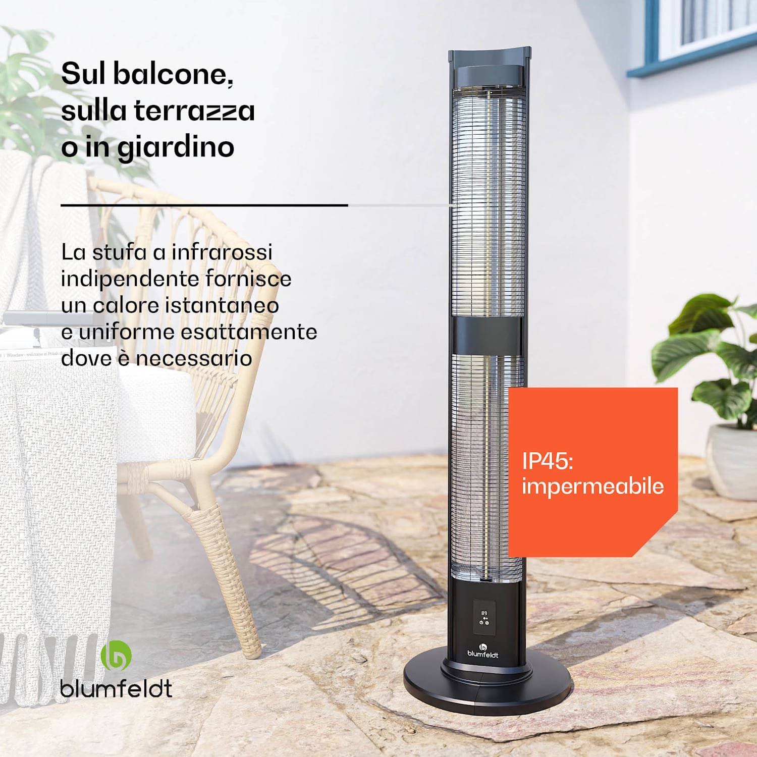 BlazeTower - Stufa a piantana | 3000 W | Uso esterno | 3 livelli | IP45 | Telecomando | Timer 3000 W