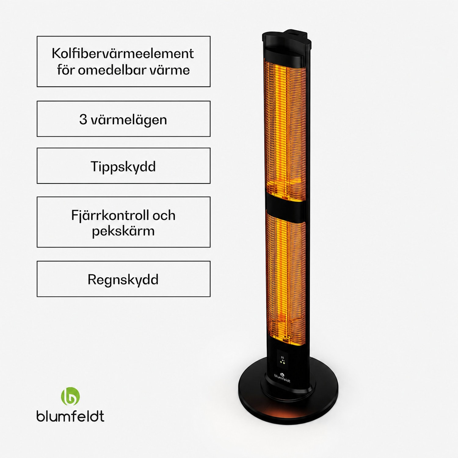 BlazeTower stående infravärmare | 3 000 W | utomhusområde | 3 nivåer | IP45 | fjärrkontroll | timer 3000 W