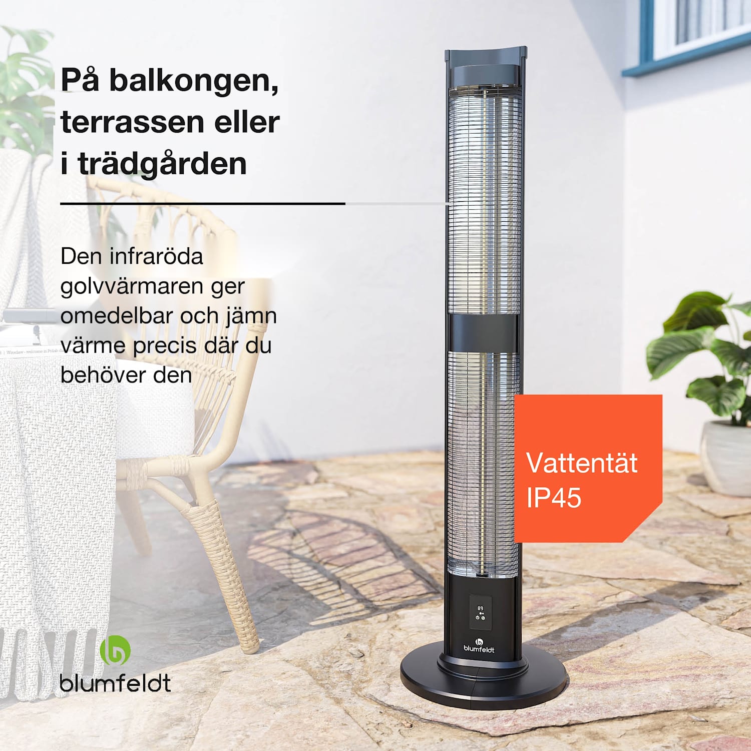 BlazeTower stående infravärmare | 3 000 W | utomhusområde | 3 nivåer | IP45 | fjärrkontroll | timer 3000 W
