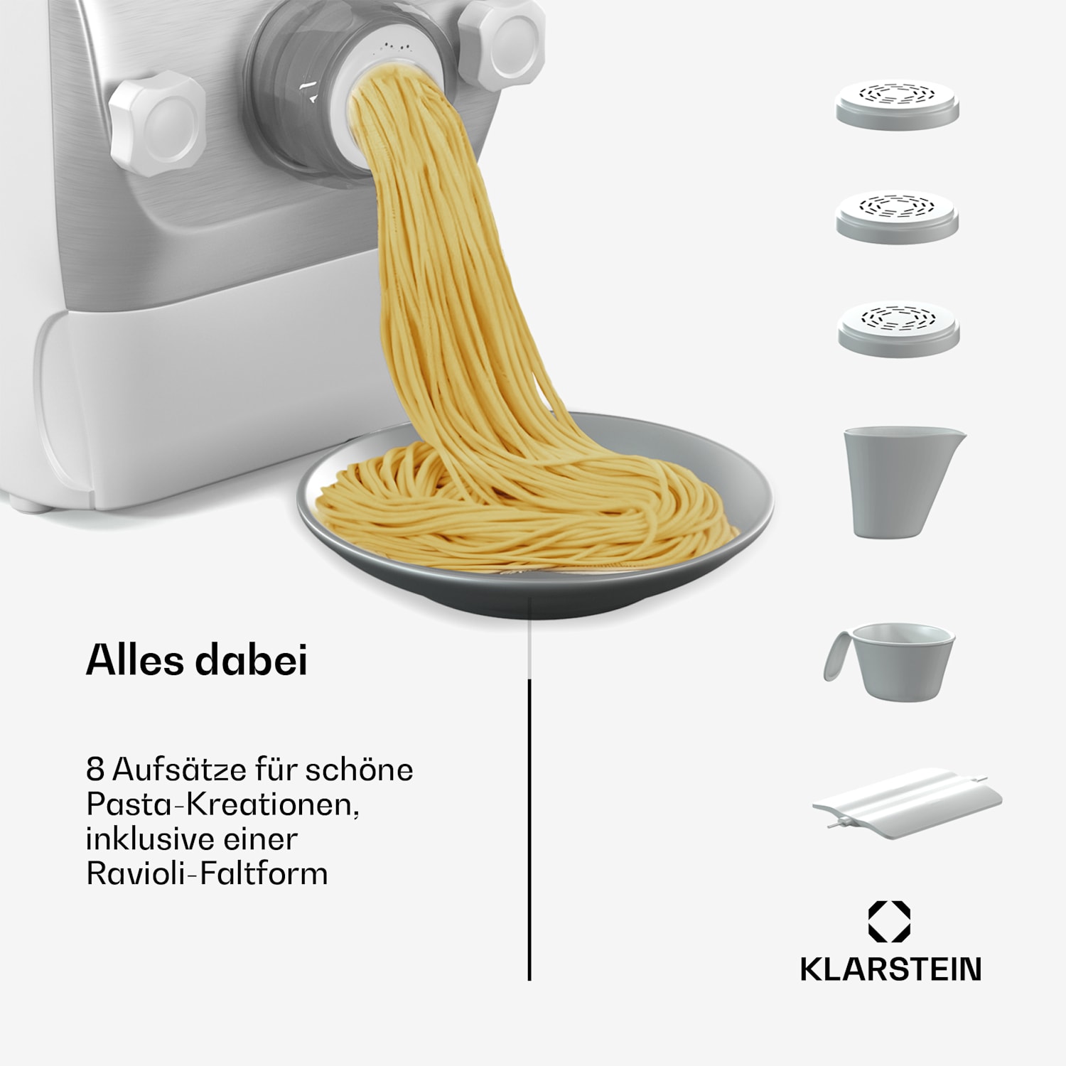 Pastamania Nudelmaschine | 7 Aufsätze | Nudeln + Ravioli | 260 W | einfache Reinigung Weiß