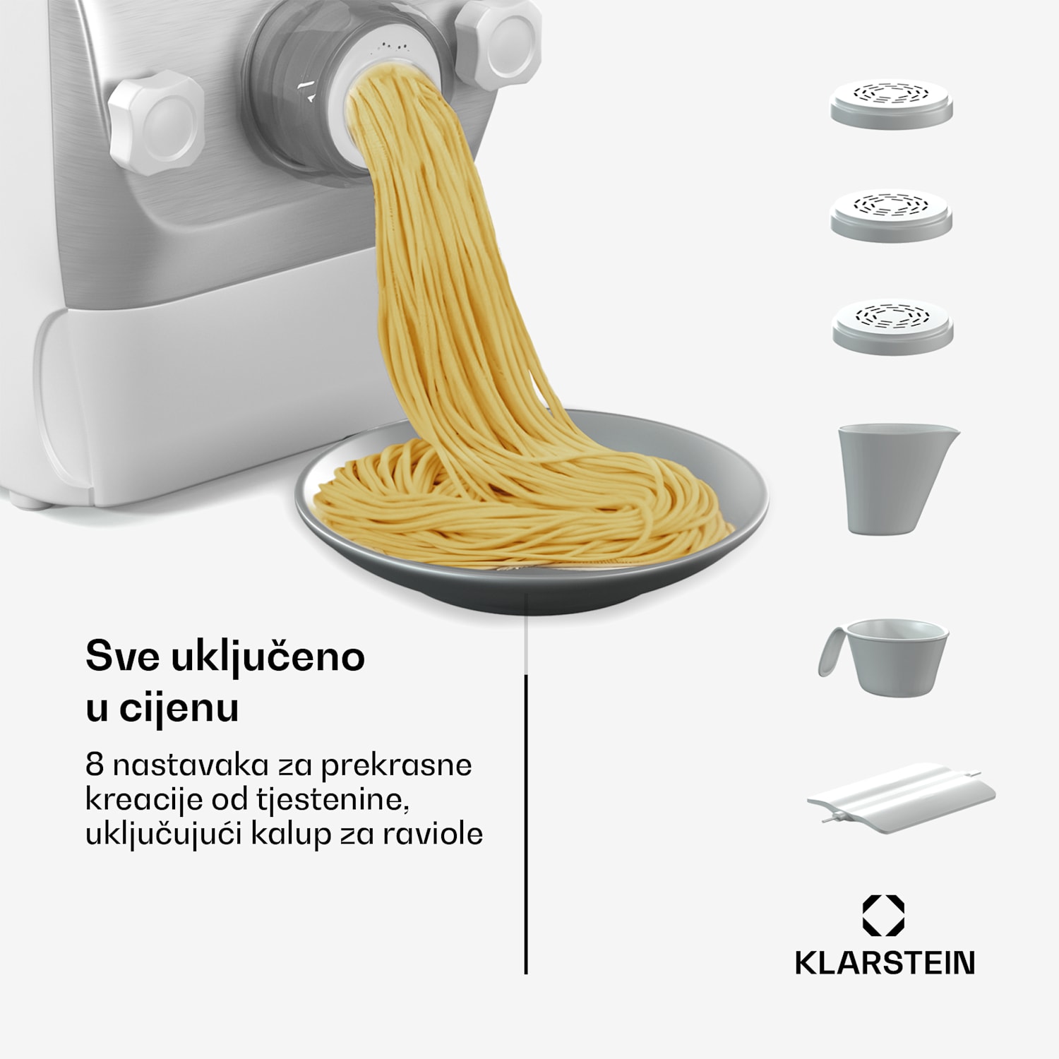 Pastamania aparat za tjesteninu, 7 nastavaka, tjestenina + ravioli, 260 W, jednostavno čišćenje Bijela