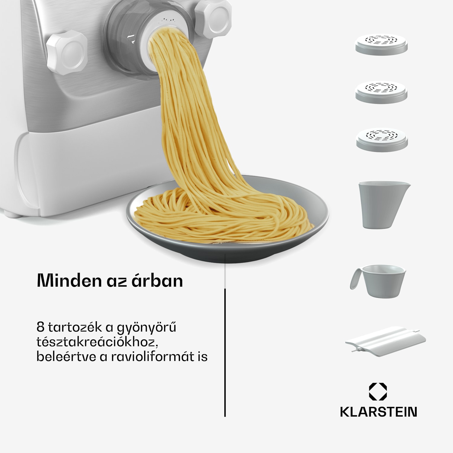 Pastamania tésztagép, 7 tartozék, tészta + ravioli, 260 W, könnyű tisztítás Fehér