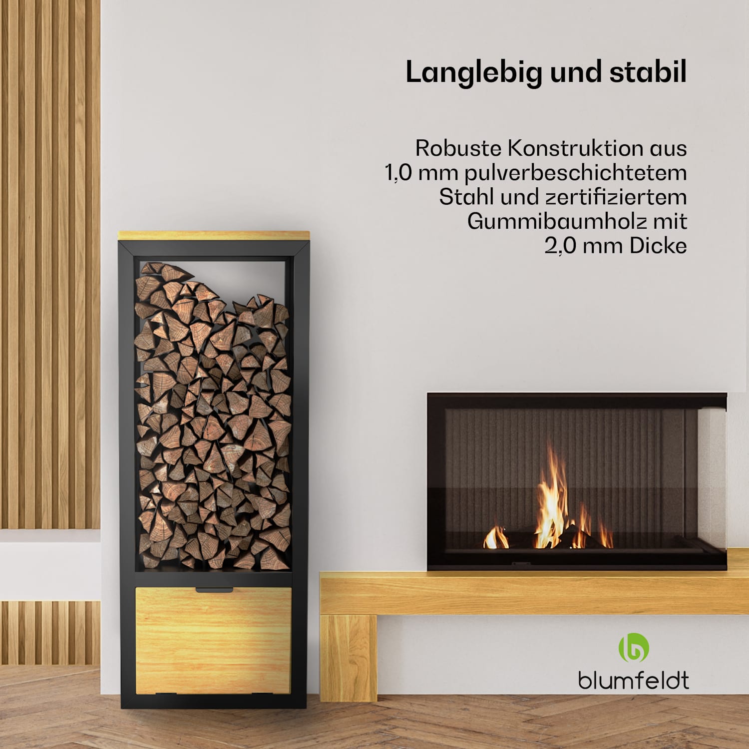 Kindlewood Feuerholzregal | Holzlager | Kaminregal | pulverbeschichtet | Gummibaumholz 