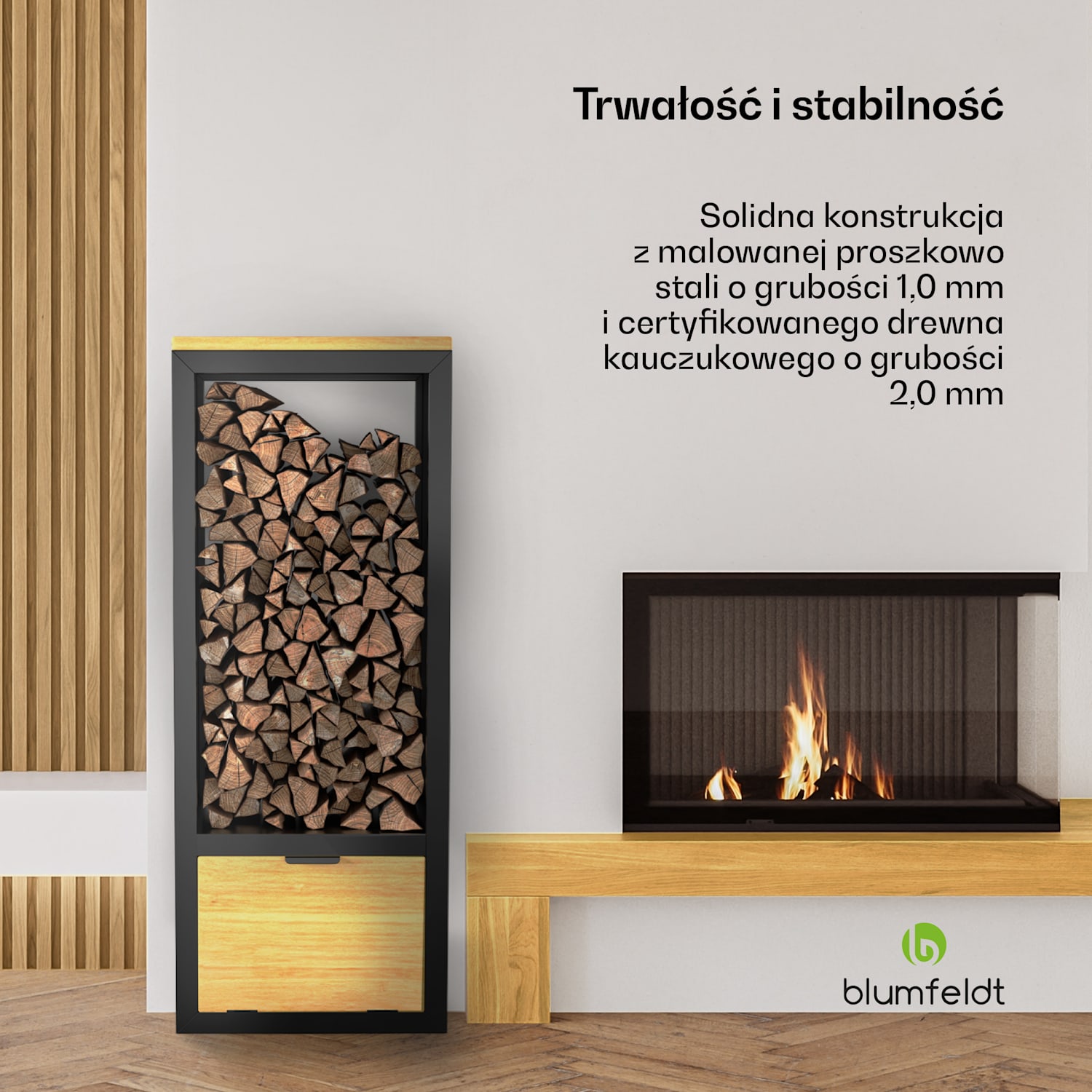 Kindlewood stojak na drewno kominkowe, schowek na drewno, półka kominkowa, malowany proszkowo, drewno kauczukowe 