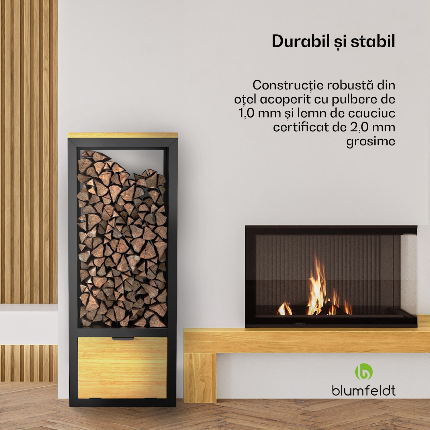Suport lemn de foc Kindlewood, depozitare lemn de foc, raft șemineu, acoperit cu pulbere, lemn de cauciuc 