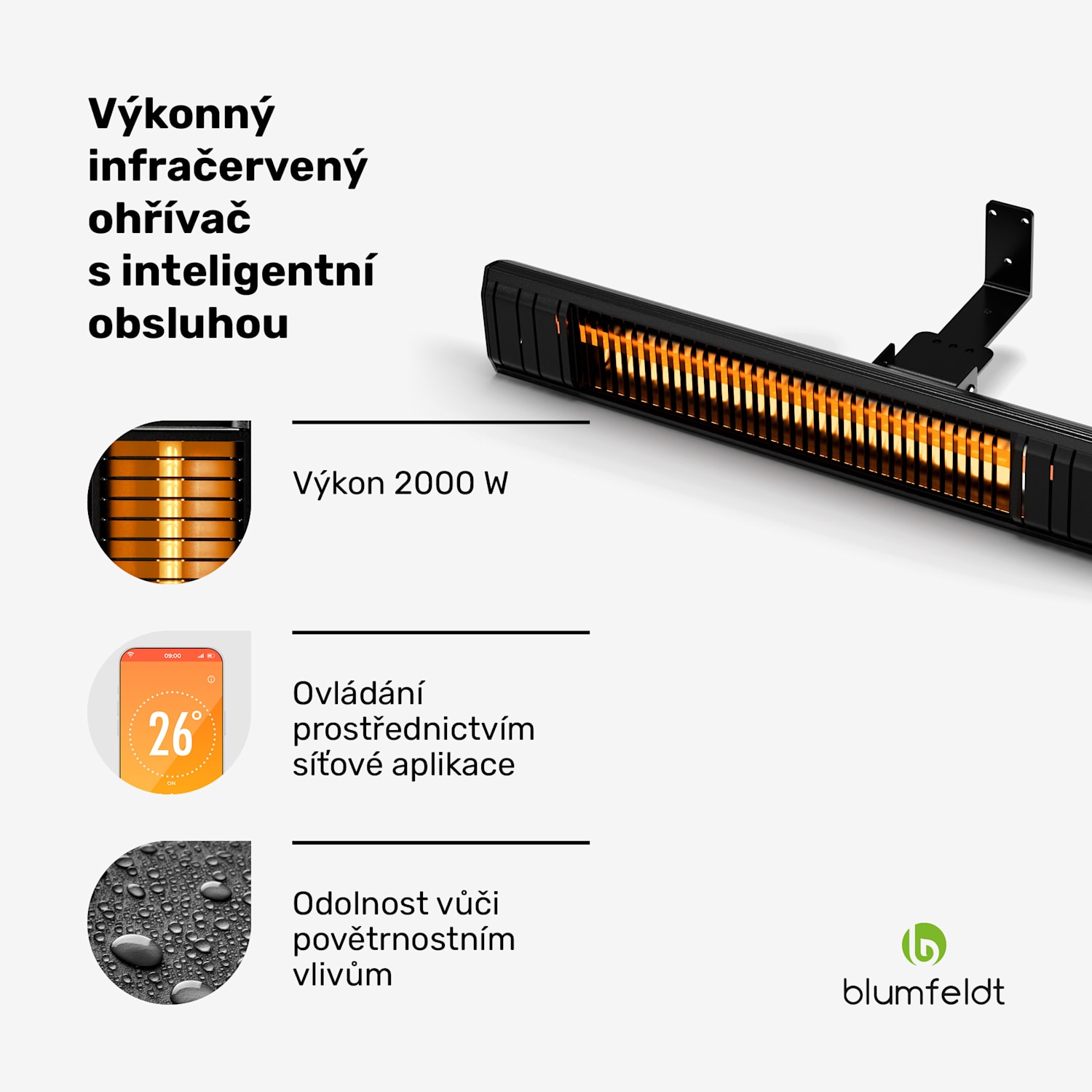 Gold Bar Slim 2000 W sálavý ohřívač, 9 úrovní, funkce WiFi, dotykové ovládání, dálkový ovladač, IP 65 2000 W
