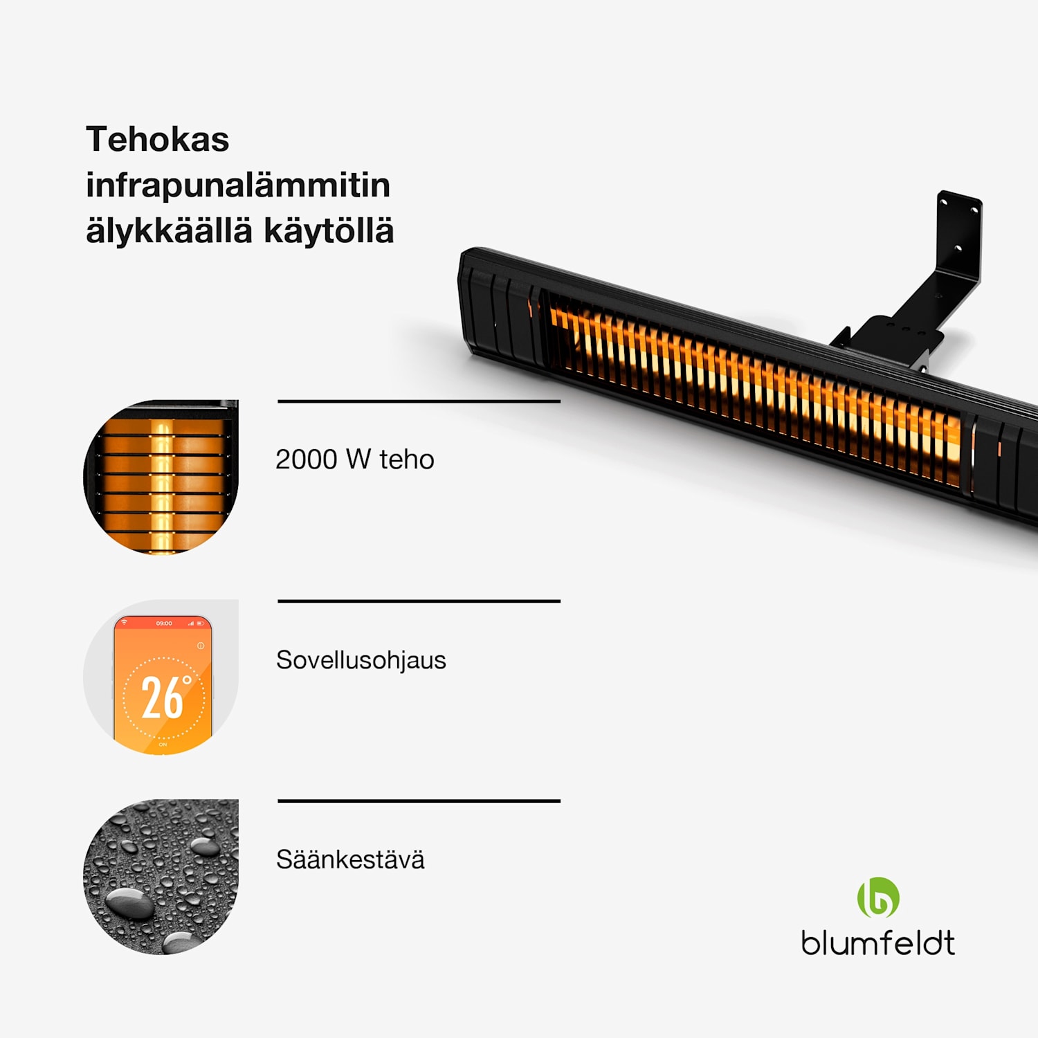 Gold Bar Slim 2000W -lämmitin | 9 tasoa | WiFi-toiminto | kosketusnäyttö | kaukosäädin | IP 65 2000 W