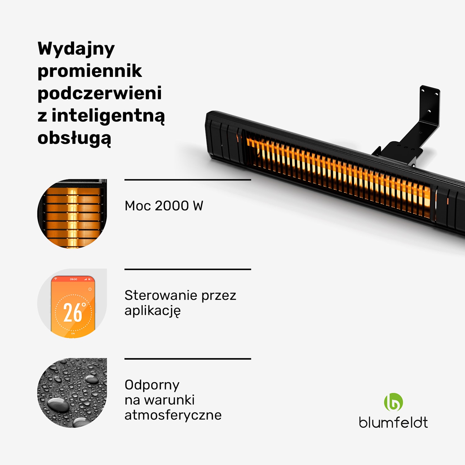 Gold Bar Slim 2000 W promiennik podczerwieni, 9 stopni, funkcja Wi-Fi, sterowanie dotykowe, pilot, IP 65 2000 W