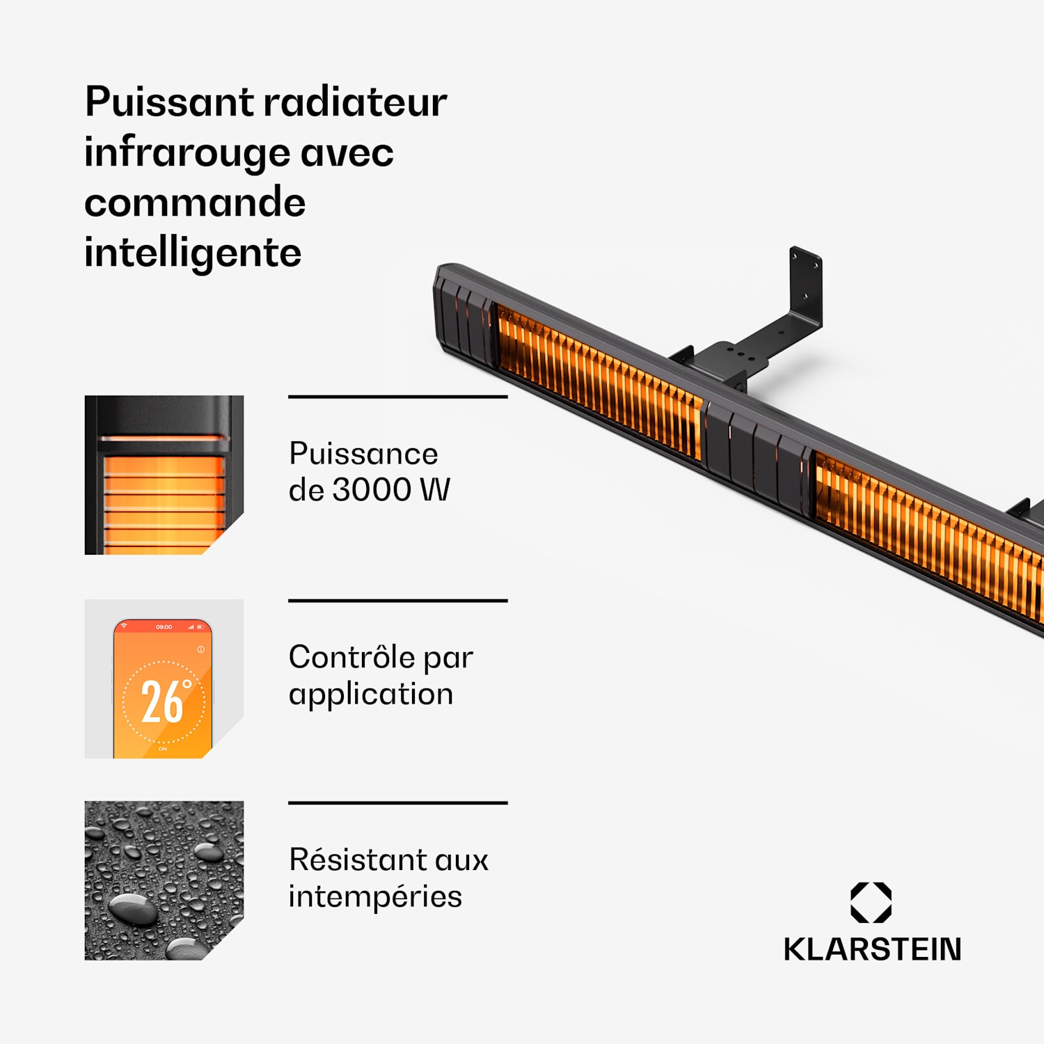Gold Bar Slim 3000 W radiateur | 9 niveaux | fonction WiFi | écran tactile | télécommande | IP 65 