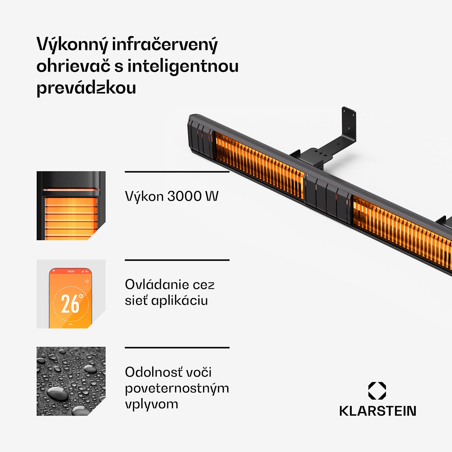 Gold Bar Slim 3000 W sálavý ohrievač, 9 úrovní, funkcia WiFi, dotykové ovládanie, diaľkový ovládač, IP 65 