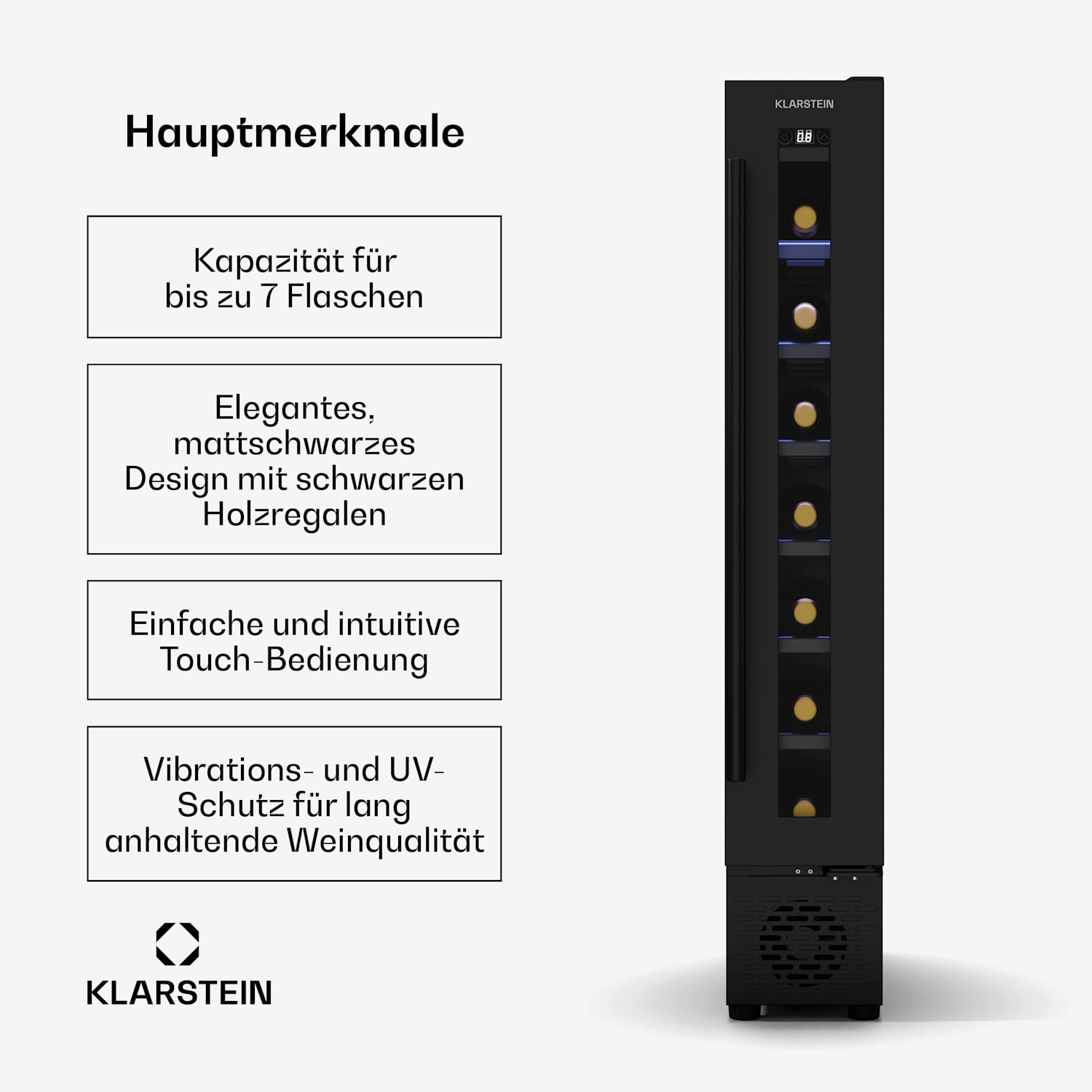 Vinovilla 7 Uno - Frigorifero per vini | 1 zona di raffreddamento | 7 bottiglie | Ripiani in legno | 5-18 °C 