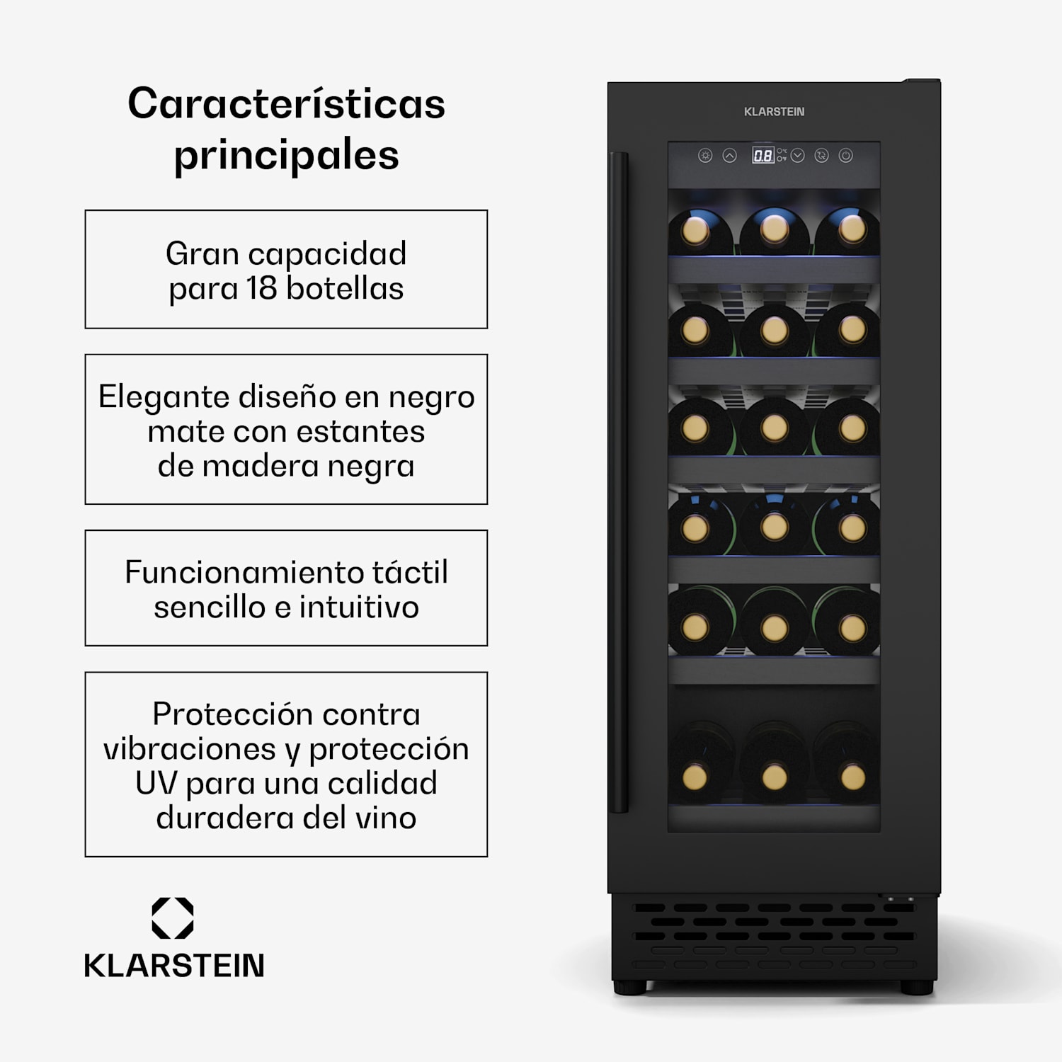 Vinovilla 18 Uno refrigerador de vino | 1 zona de enfriamiento | 18 botellas | estantes de madera | 5-18 °C 18 botellas | 1 zona de refrigeración | Negro Mate