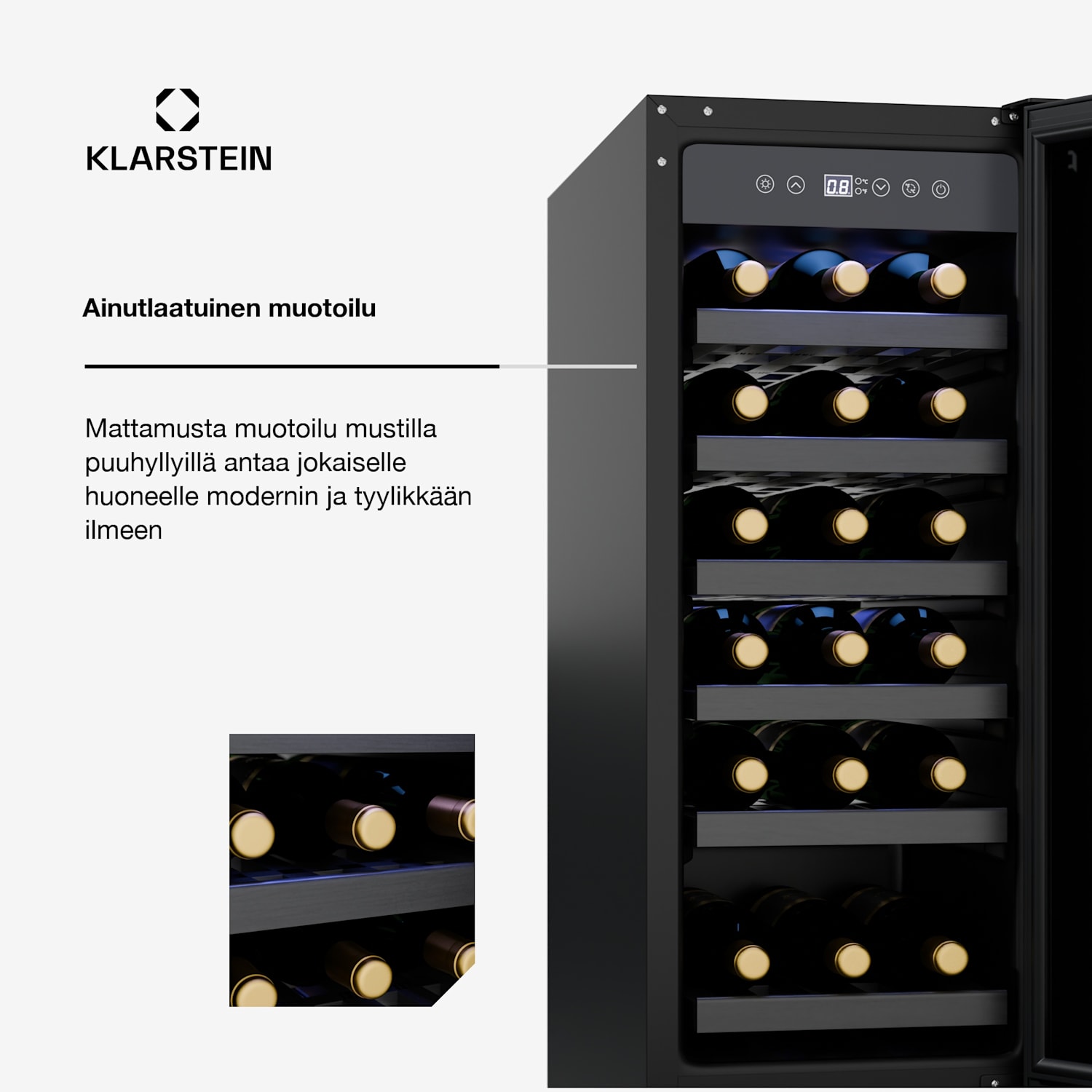 Vinovilla 18 Uno viinikaappi | 1 jäähdytysalue | 18 pulloa | puuhyllyt | 5 - 18 °C 18 pulloa | 1 jäähdytysalue | Mattamusta