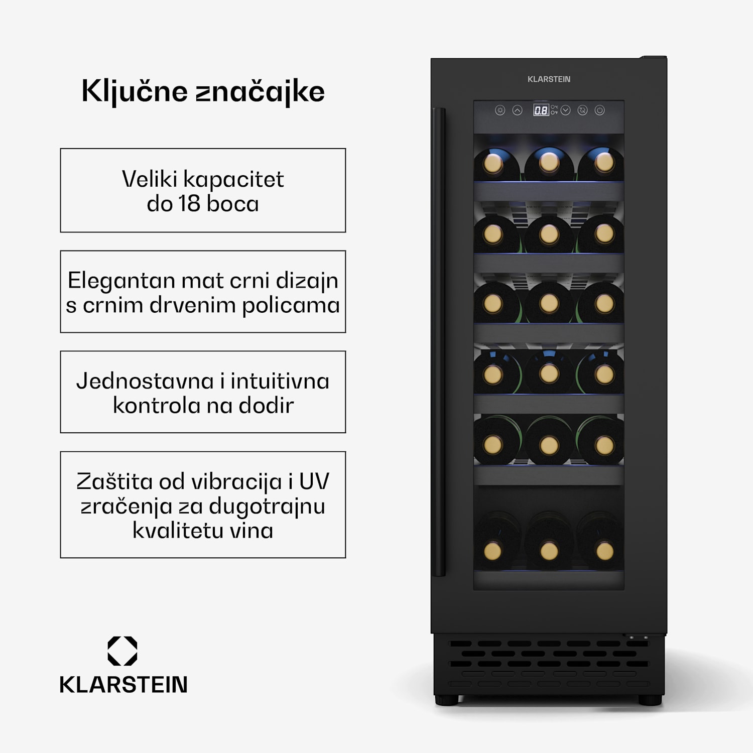 Vinovilla 18 Uno hladnjak za vino, 1 zona hlađenja, 18 boca, drvene police, 5-18 °C 18 fliaš | 1 | Matt Crna