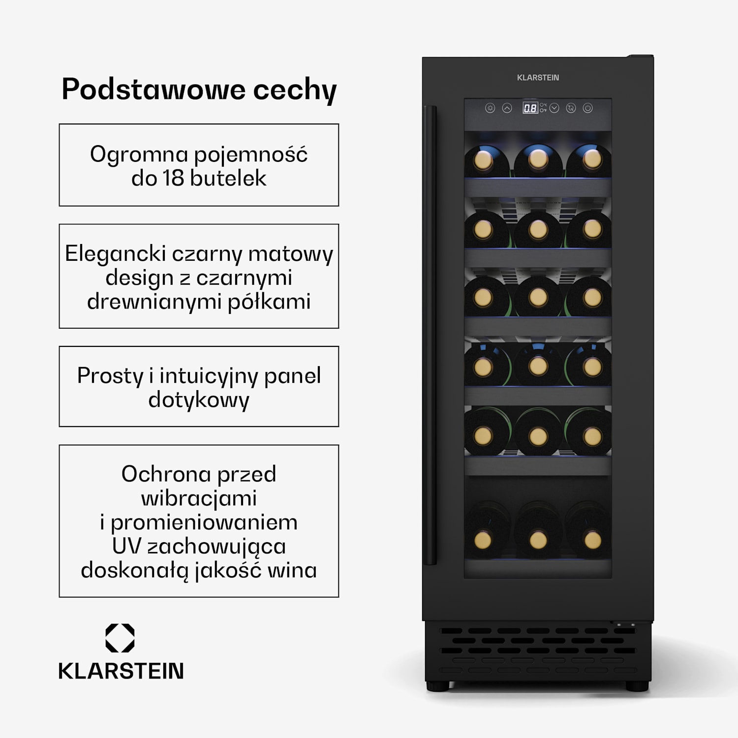 Vinovilla 18 Uno chłodziarka do wina, 1 strefa chłodzenia, 18 butelek, drewniane półki, 5-18 °C 18 butelek | 1 strefa chłodzenia | Matowa Czerń