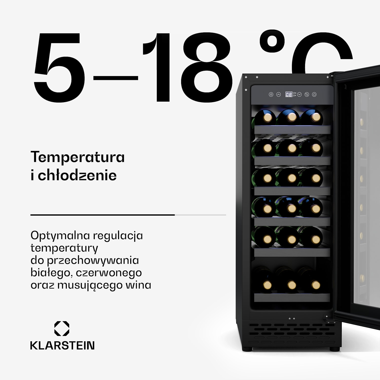 Vinovilla 18 Uno chłodziarka do wina, 1 strefa chłodzenia, 18 butelek, drewniane półki, 5-18 °C 18 butelek | 1 strefa chłodzenia | Matowa Czerń