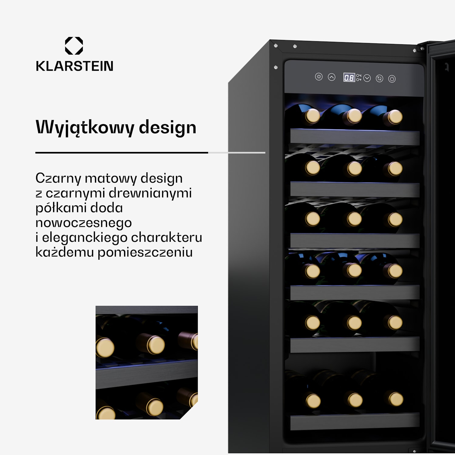 Vinovilla 18 Uno chłodziarka do wina, 1 strefa chłodzenia, 18 butelek, drewniane półki, 5-18 °C 18 butelek | 1 strefa chłodzenia | Matowa Czerń
