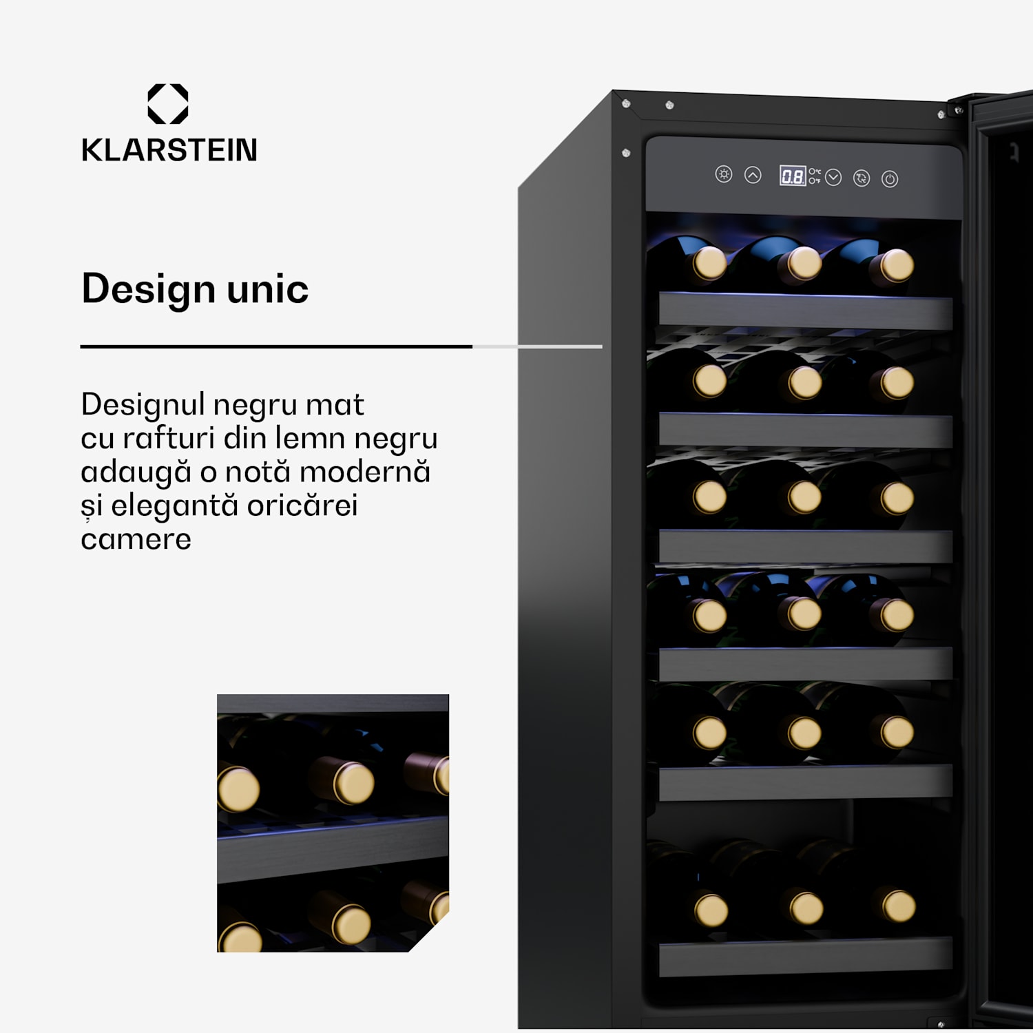 Frigider pentru vin Vinovilla 18 Uno, 1 zonă de răcire, 18 sticle, rafturi din lemn, 5-18 °C 18 sticle | 1 | Negru Mat