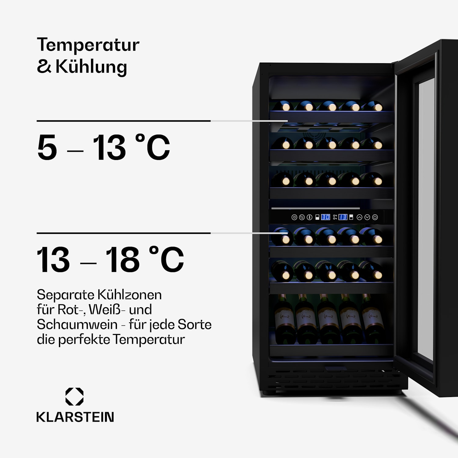 Vinovilla 30 Duo Weinkühlschrank | 2 Kühlzonen | 30 Flaschen | Holzregale | 5-18 °C 30 Flaschen | 2 Kühlzonen | Matt-Schwarz