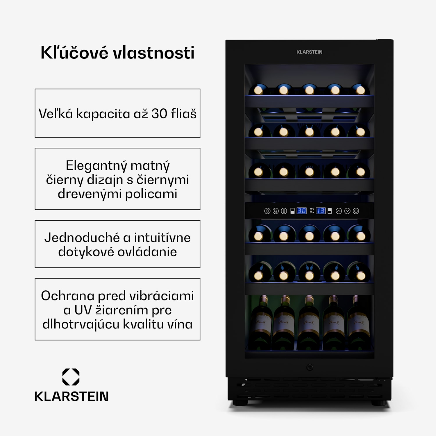 Vinovilla 30 Duo chladnička na víno, 2 chladiace zóny, 30 fliaš, drevené police, 5-18 °C 30 fliaš | 2 chladiace zóny | Matná Čierna