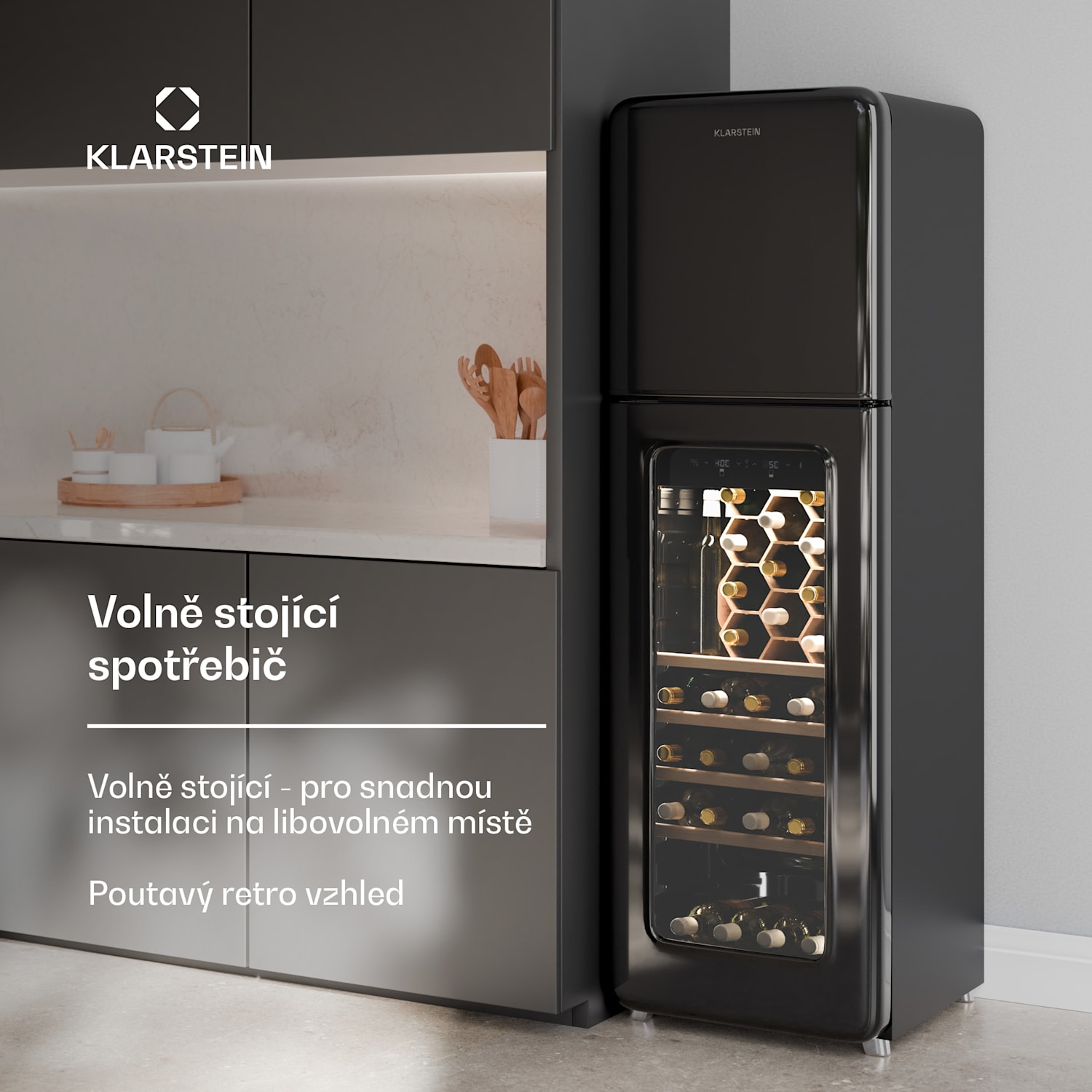 Shirley Wine Cooler + Freezer, 2-in-1-Gerät, Vintage, 2 Kühlzonen, 60 Flaschen 60 lahví | 2 chladicí zóny | Černá