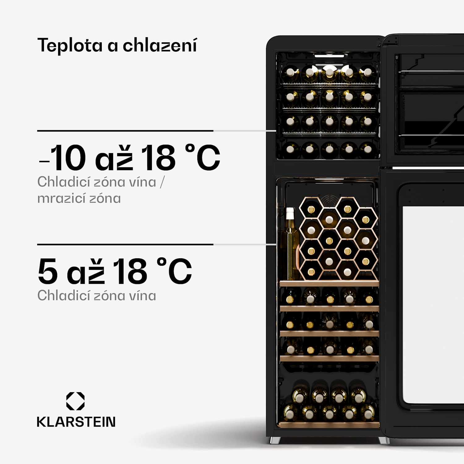 Shirley Wine Cooler + Freezer, 2-in-1-Gerät, Vintage, 2 Kühlzonen, 60 Flaschen 60 lahví | 2 chladicí zóny | Černá