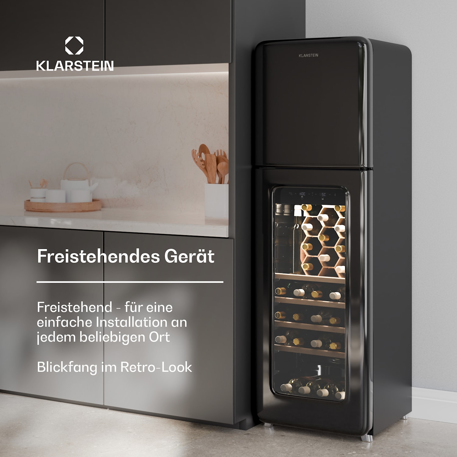 Shirley Wine Cooler + Freezer | 2-in-1-Gerät | Vintage | 2 Kühlzonen | 60 Flaschen 60 Flaschen | 2 Kühlzonen | Schwarz