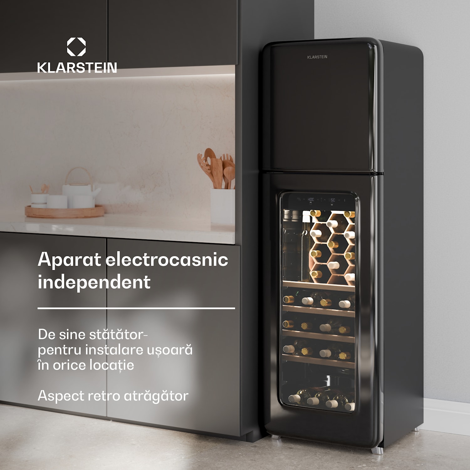 Frigider pentru vin Shirley cu congelator, aparat 2 în 1, vintage, 2 zone de răcire, capacitate pentru 60 de sticle. 60_bottles | 2 | Negru