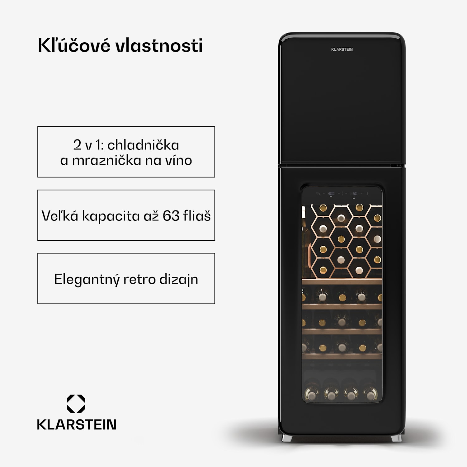 Shirley chladnička na víno s mrazničkou, Zariadenie 2 v 1, Vintage, 2 chladiace zóny, 60 fliaš 60 fliaš | 2 chladiace zóny | Čierna