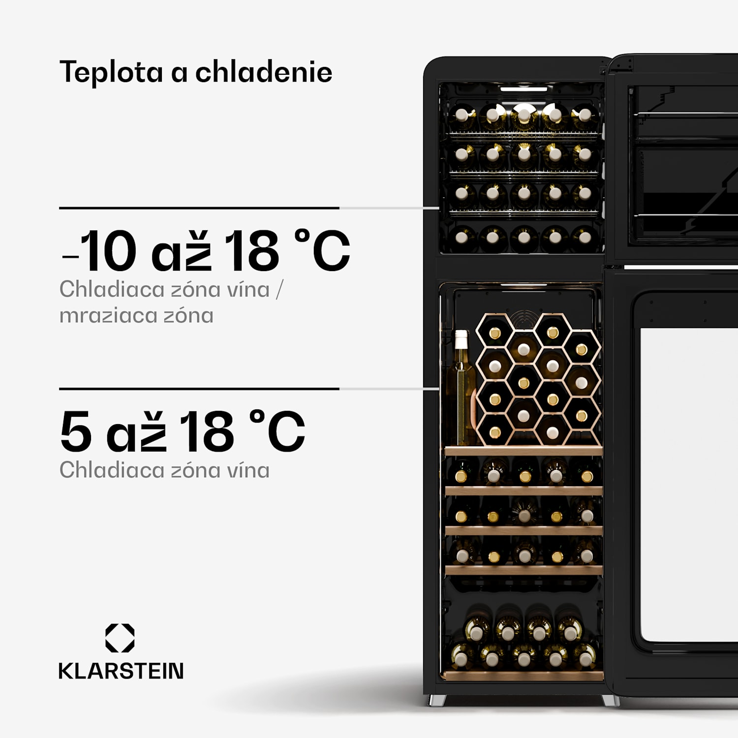 Shirley chladnička na víno s mrazničkou, Zariadenie 2 v 1, Vintage, 2 chladiace zóny, 60 fliaš 60 fliaš | 2 chladiace zóny | Čierna