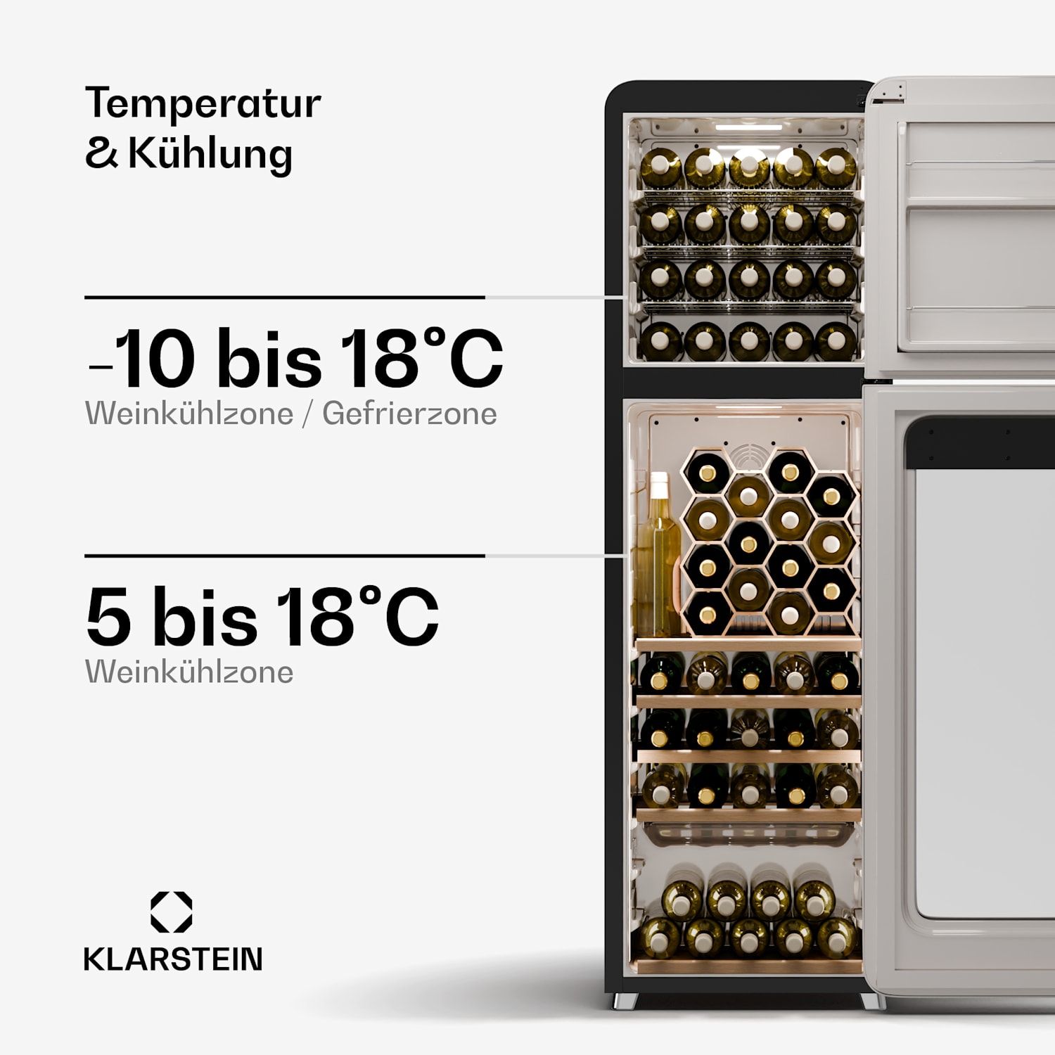 Shirley Wine Cooler + Freezer | 2-in-1-Gerät | Vintage | 2 Kühlzonen | 60 Flaschen 60 Flaschen | 2 Kühlzonen | Silber-Chrom
