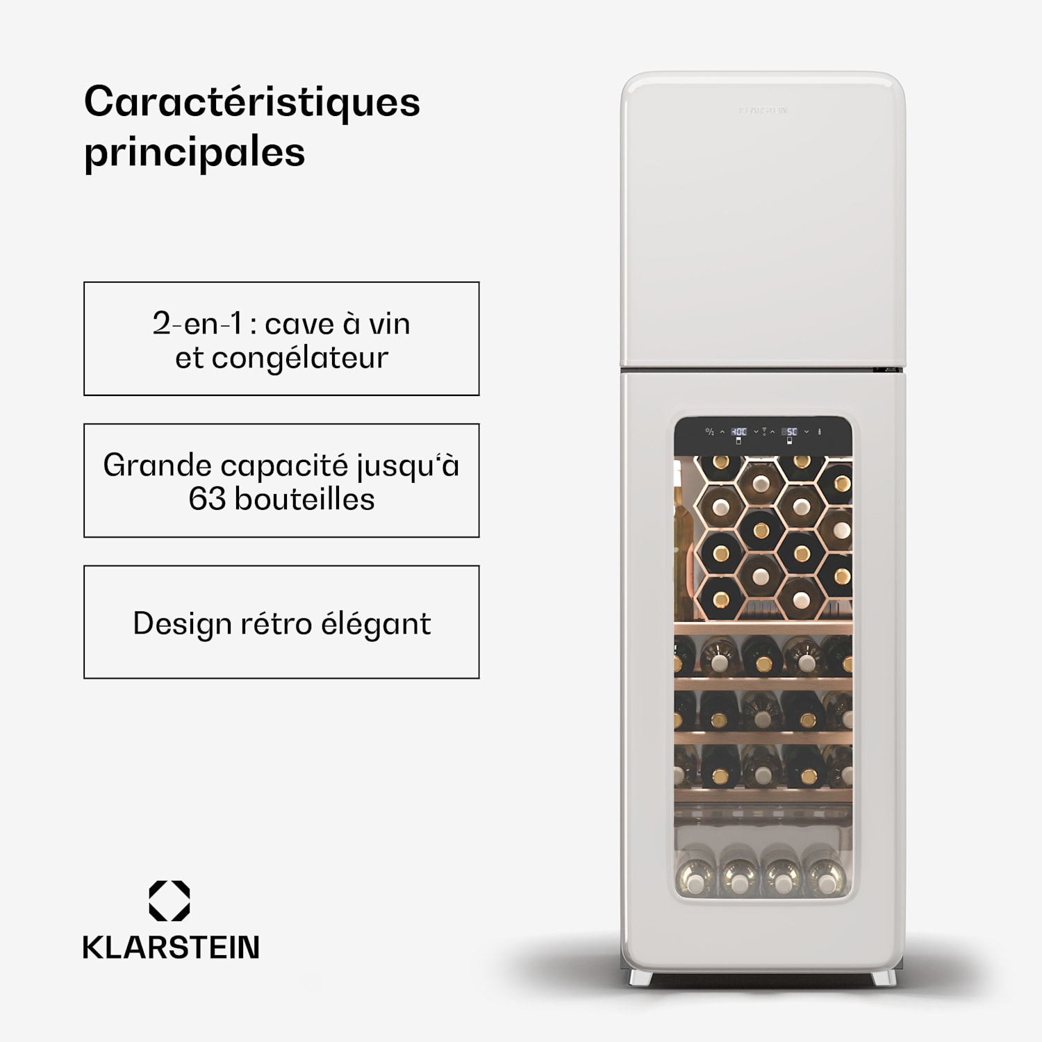 Shirley wijnkoeler + vriezer | 2-in-1 apparaat | Vintage | 2 koelzones | 60 flessen 60 flessen | 2 koelzones | Zilver Chroom