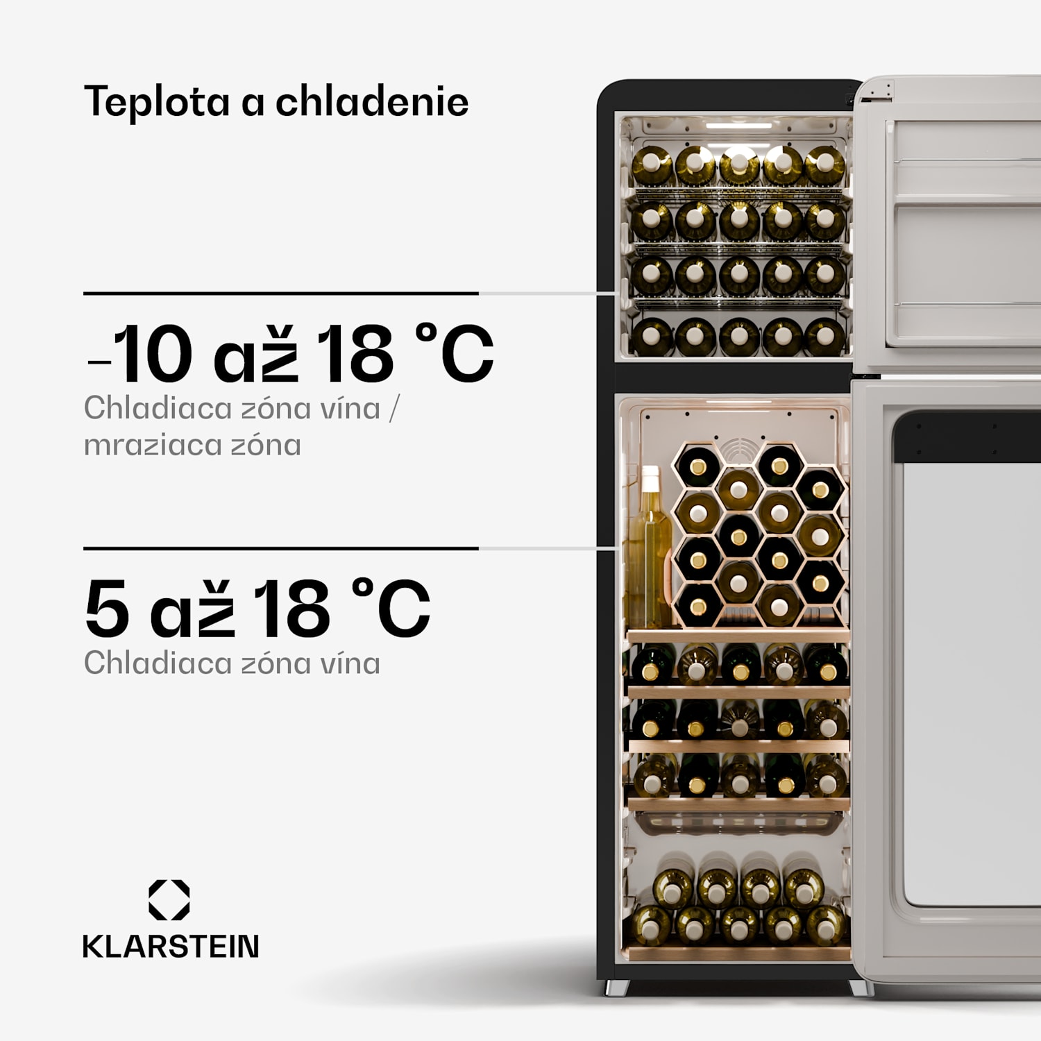 Shirley chladnička na víno s mrazničkou, Zariadenie 2 v 1, Vintage, 2 chladiace zóny, 60 fliaš 60 fliaš | 2 chladiace zóny | Strieborný chróm