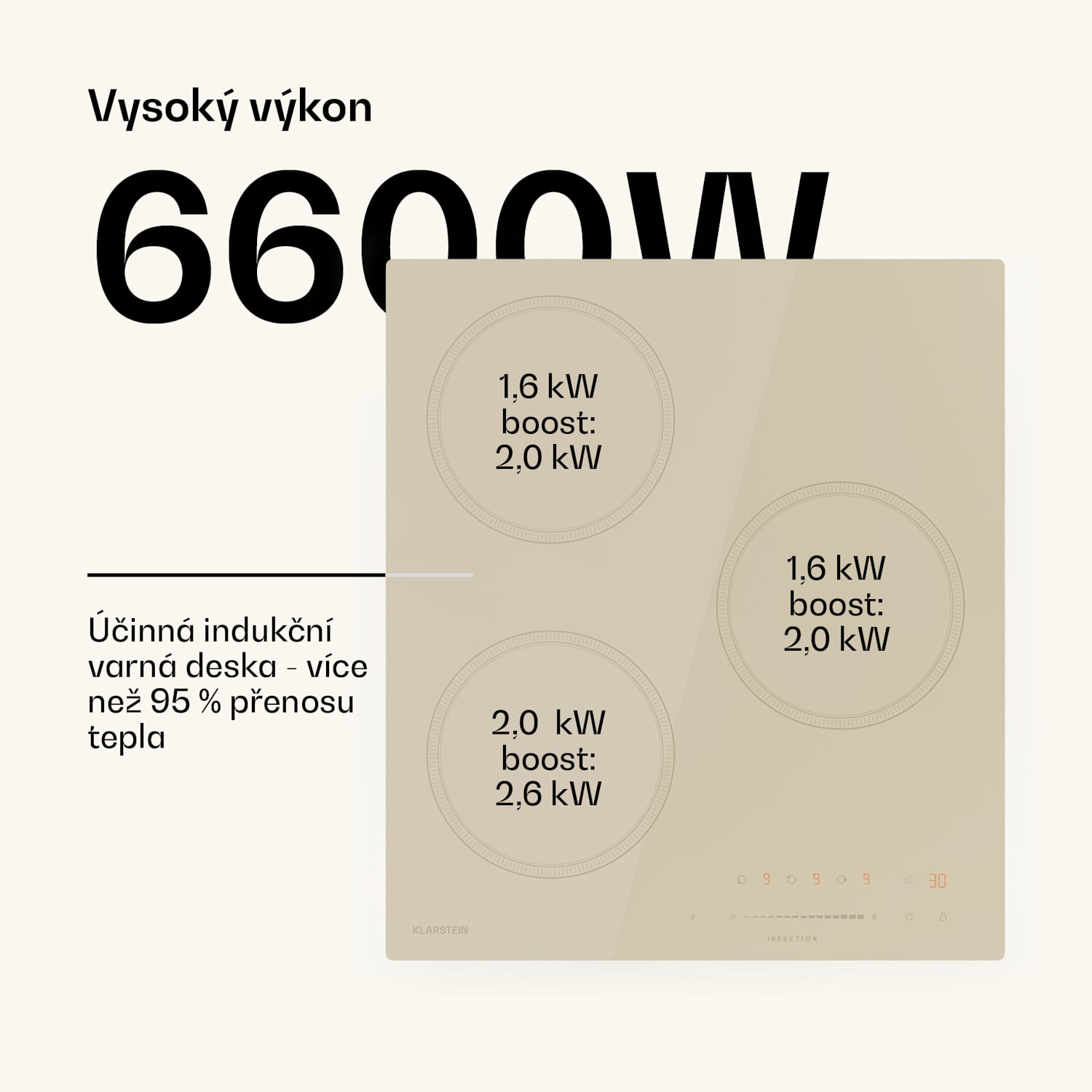 Indukční varná deska Victoria, 45 cm, 6 600 W, 3 varné zóny, posuvné ovládání, boost 45 cm | Krémová