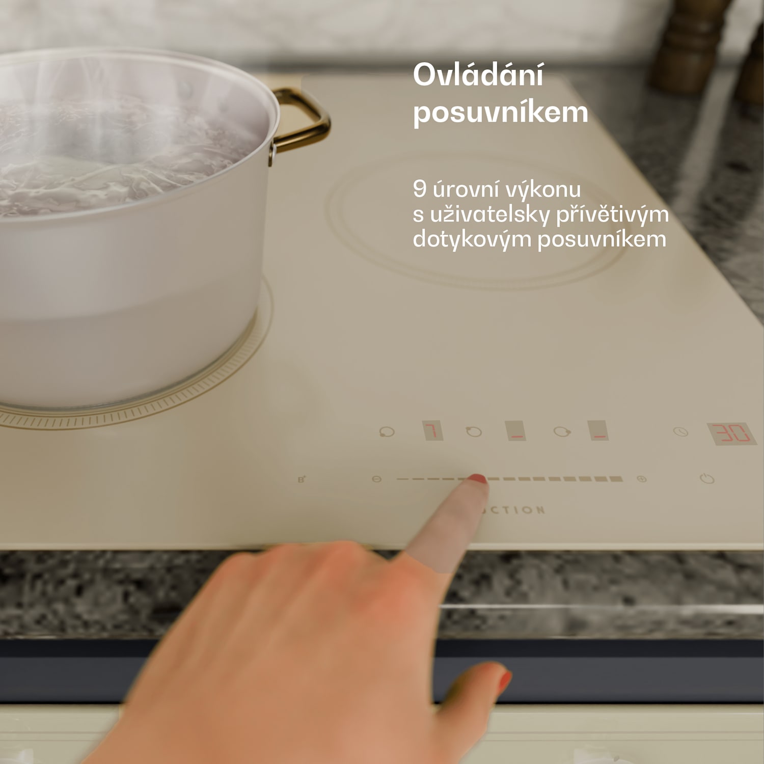 Indukční varná deska Victoria, 45 cm, 6 600 W, 3 varné zóny, posuvné ovládání, boost 45 cm | Krémová