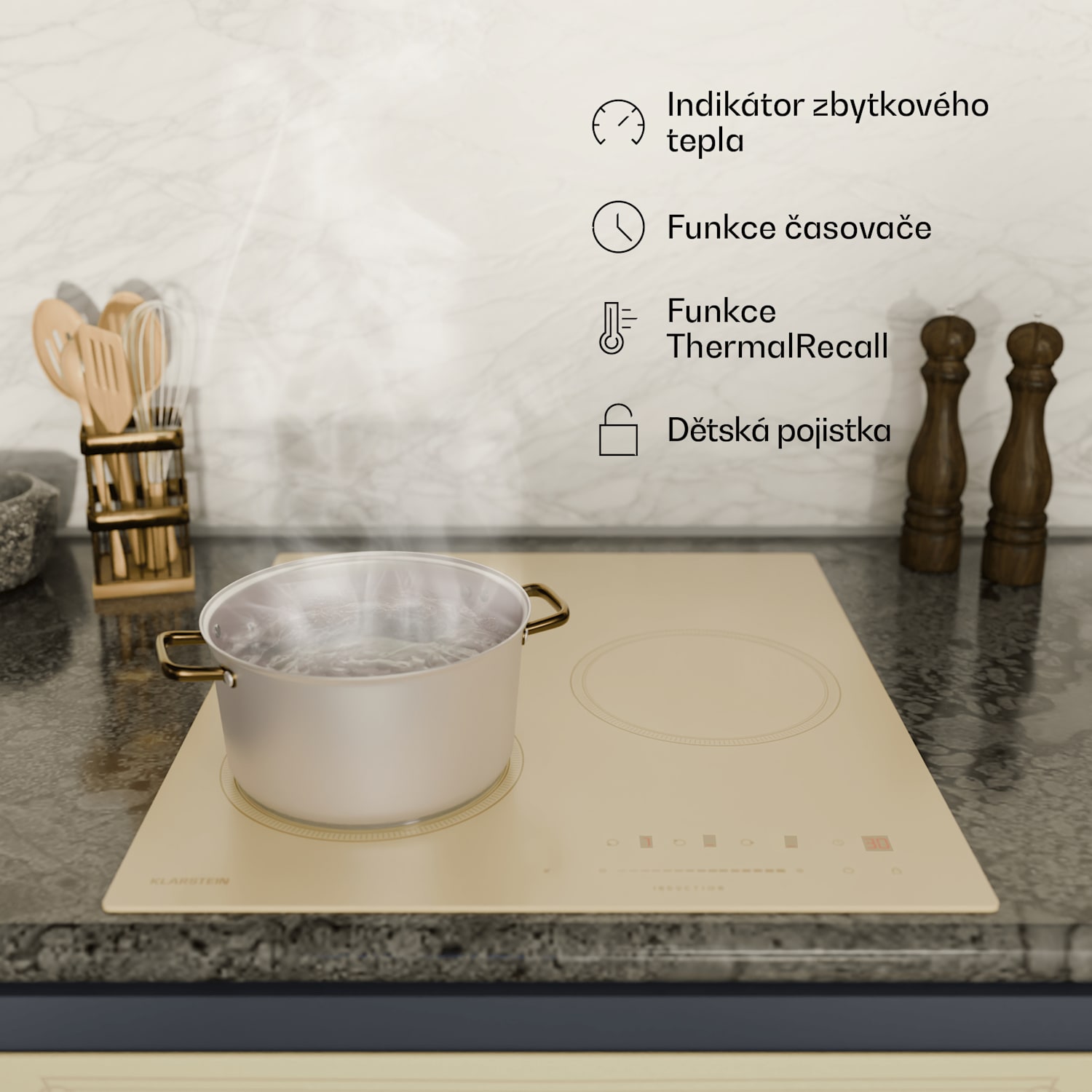 Indukční varná deska Victoria, 45 cm, 6 600 W, 3 varné zóny, posuvné ovládání, boost 45 cm | Krémová