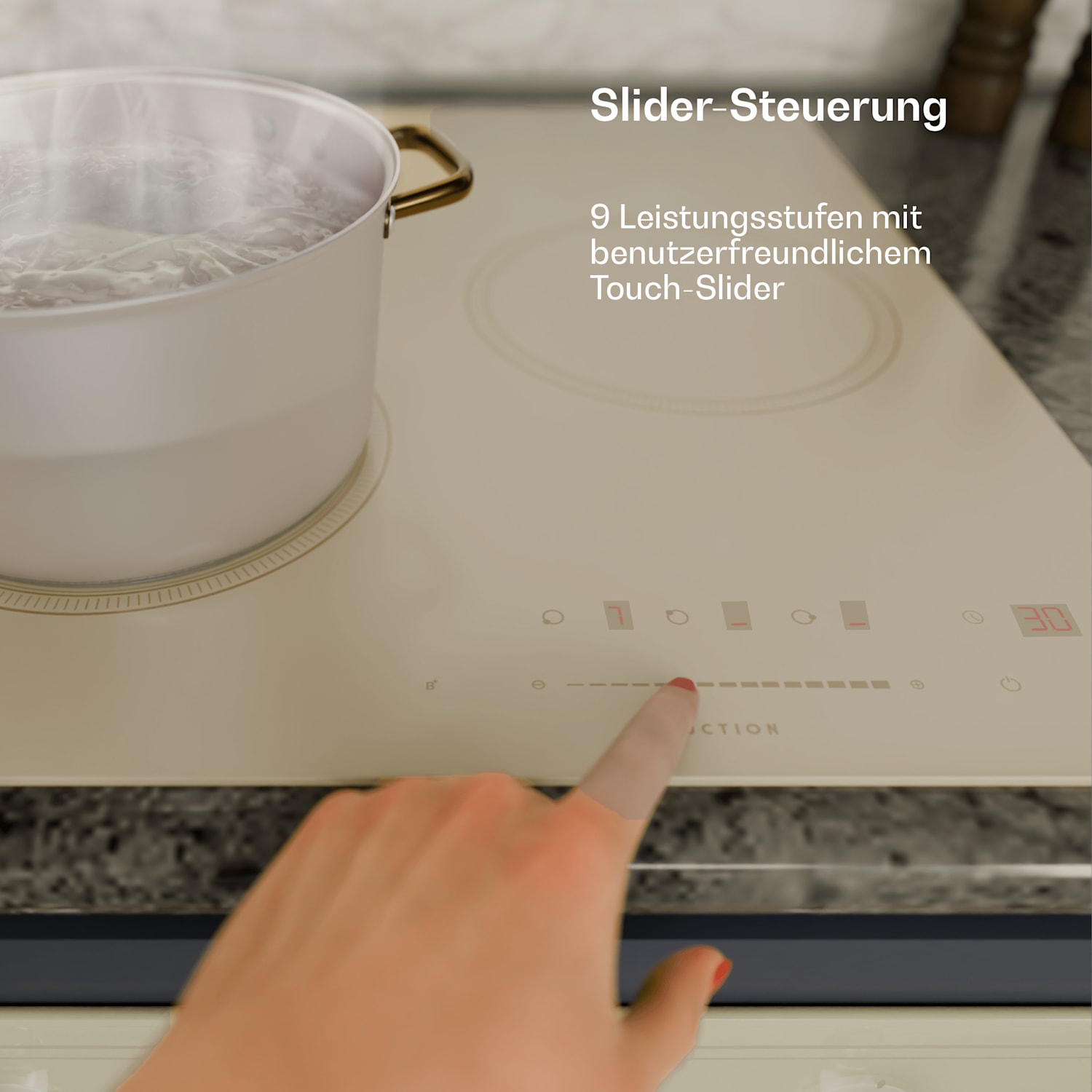 Victoria Induktionskochfeld | 45 cm | 6.600 W | 3 Kochfelder | Slider-Control | Boost 45 cm | Creme