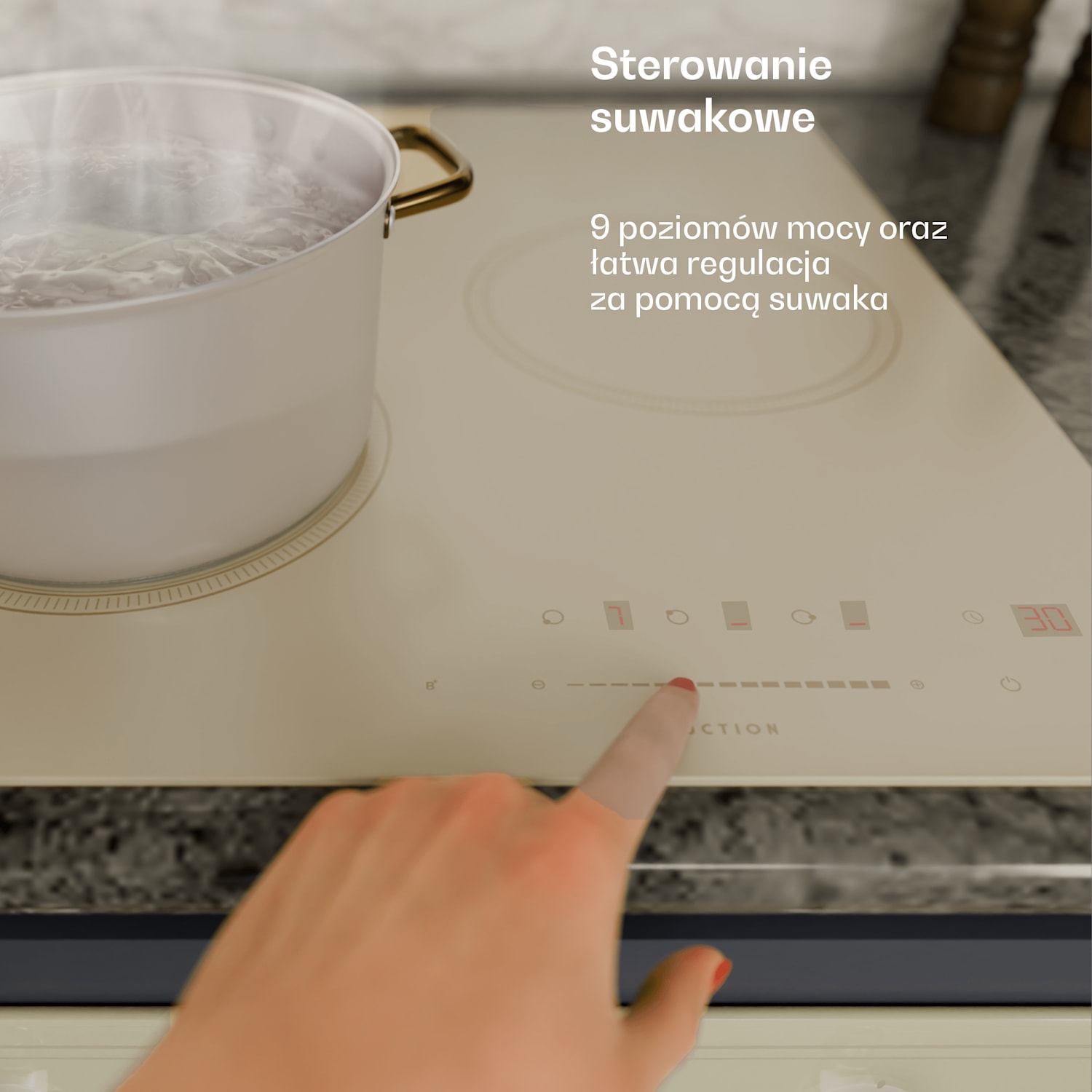 Płyta indukcyjna Victoria, 45 cm, 6600 W, 3 pola grzejne, sterowanie suwakowe, booster 45 cm | Kremowy