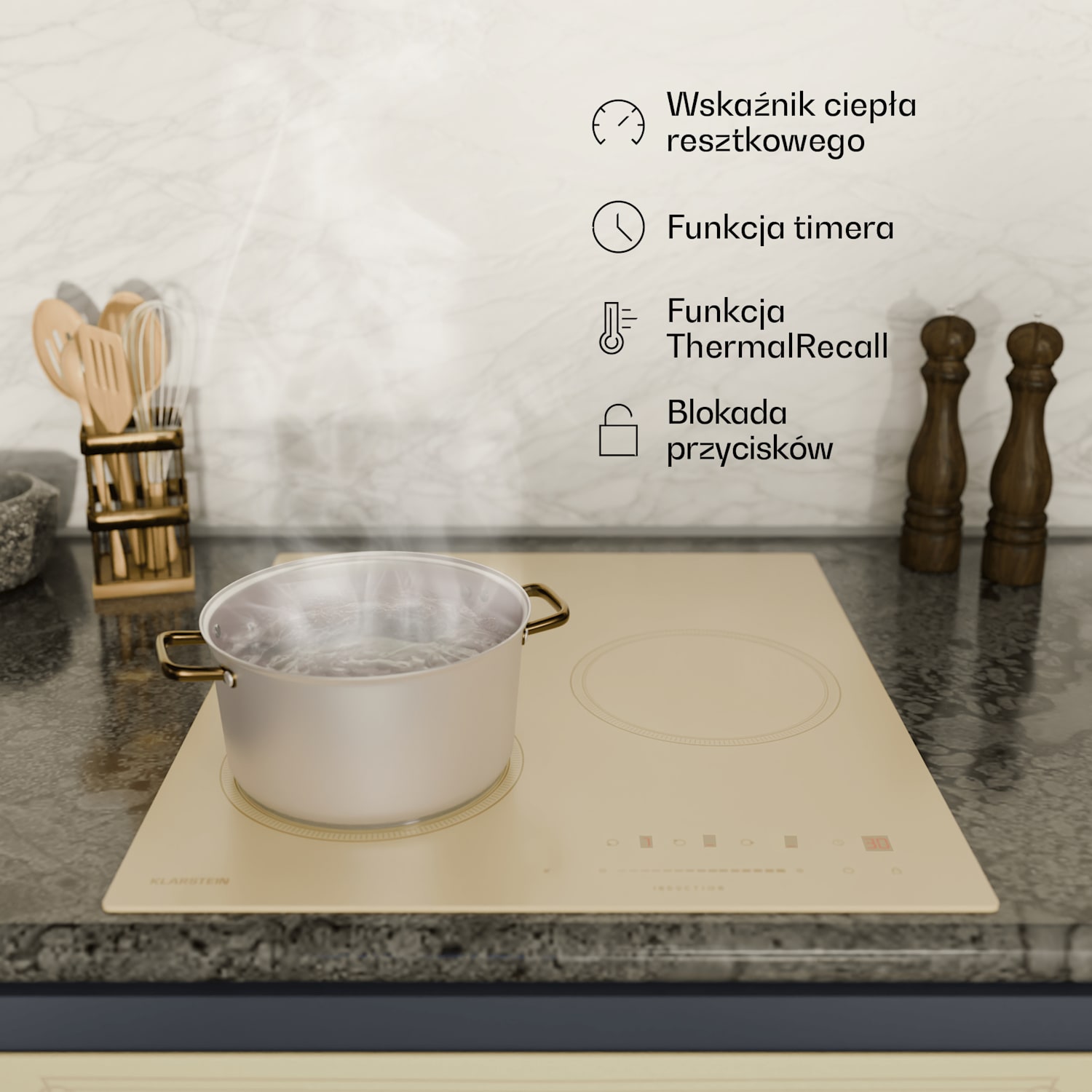 Płyta indukcyjna Victoria, 45 cm, 6600 W, 3 pola grzejne, sterowanie suwakowe, booster 45 cm | Kremowy