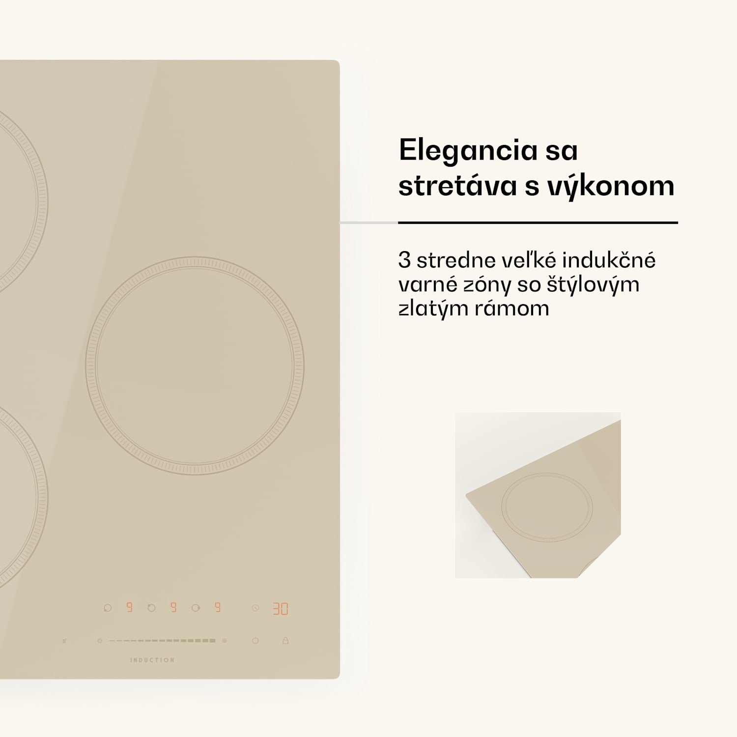 Victoria indukčná varná doska, 45 cm, 6 600 W, 3 varné zóny, ovládanie posuvníkom, boost 