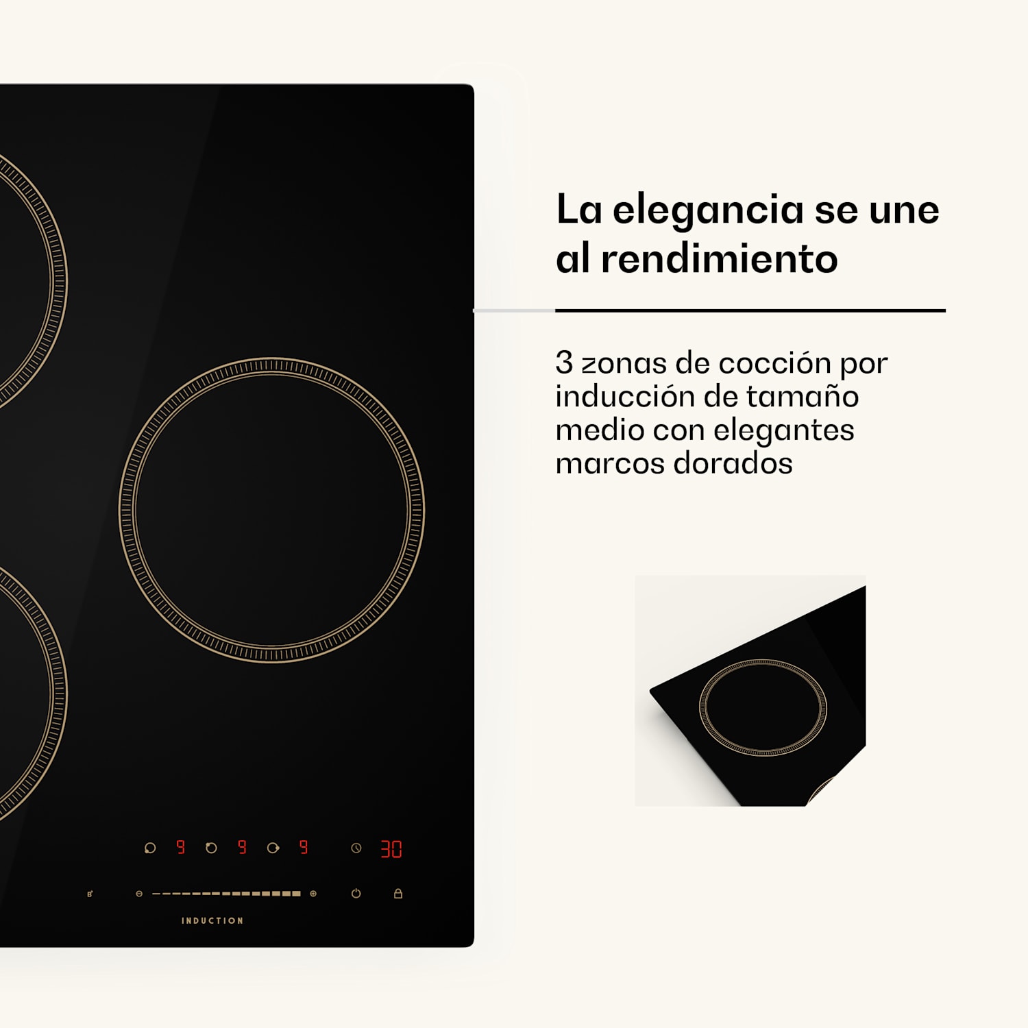 Placa de inducción Victoria | 45 cm | 6600 W | 3 placas | control deslizante | boost 45 cm | Negro