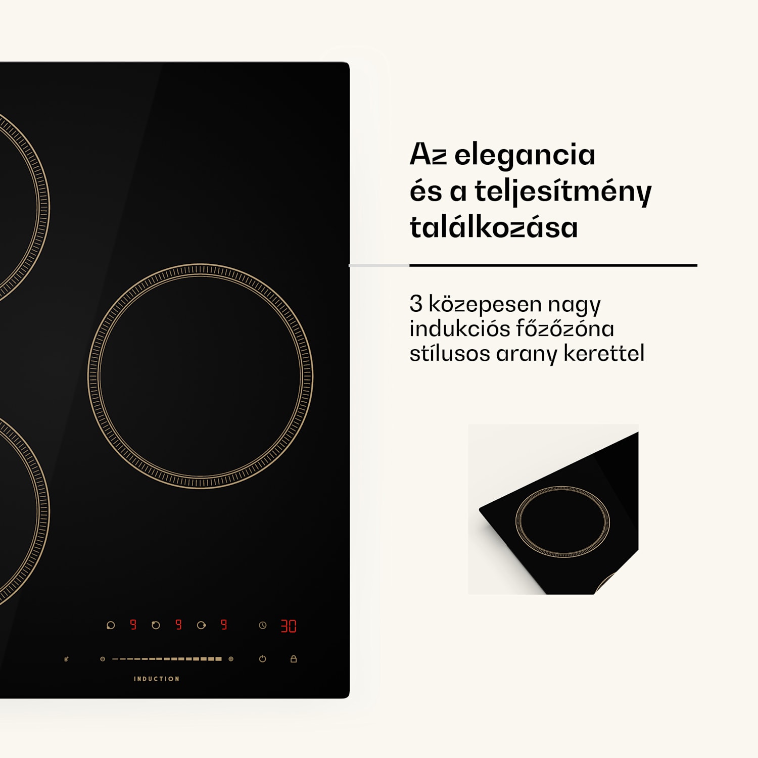 Victoria indukciós főzőlap, 45 cm, 6 600 W, 3 főzőzóna, csúszka vezérlés, boost 45 cm | Fekete