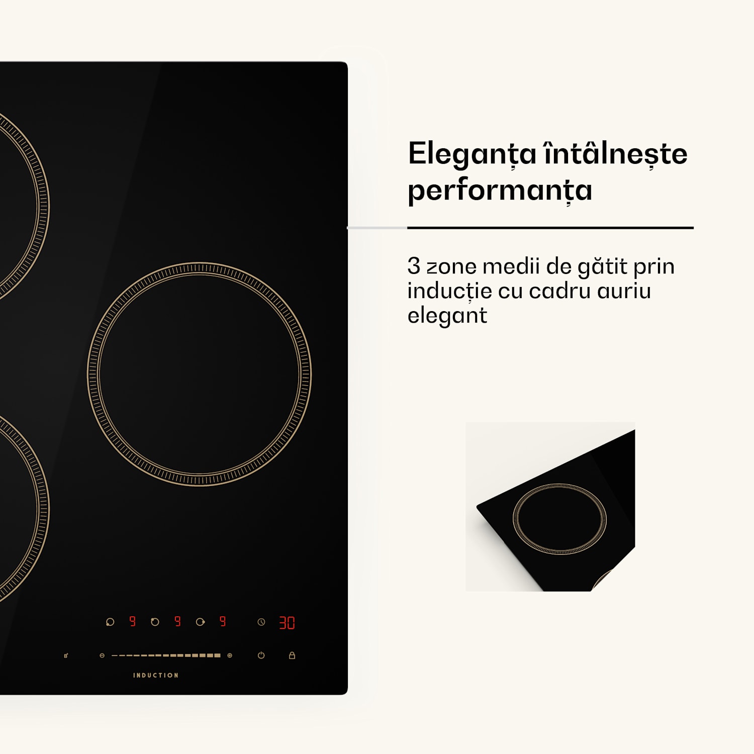 Plită cu inducție Victoria, 45 cm, 6 600 W, 3 zone de gătit, control glisant, boost 45 cm | Negru
