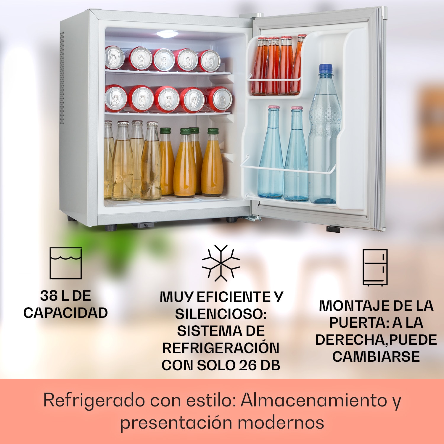 Happy Hour 38 mini nevera Minibar nevera para bebidas 38 litros 26 dB 38 L | Plata