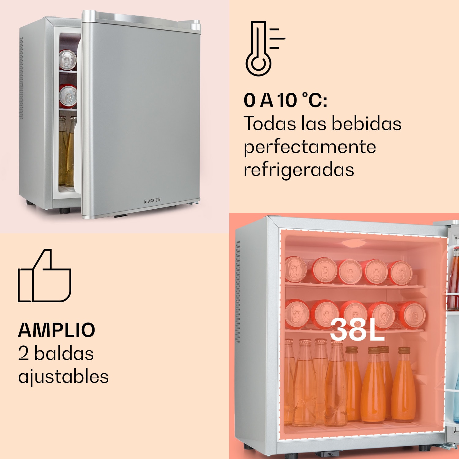 Happy Hour 38 mini nevera Minibar nevera para bebidas 38 litros 26 dB 38 L | Plata