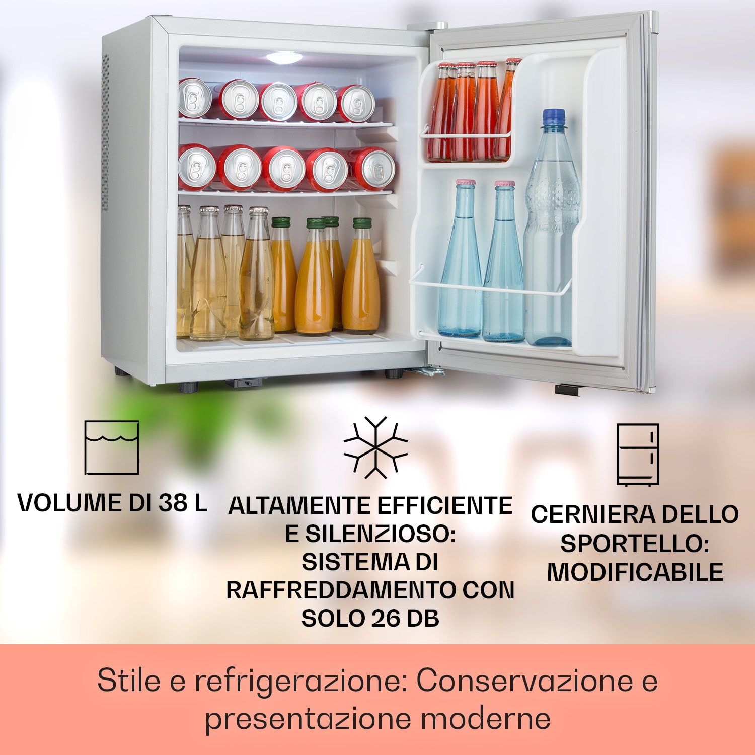 Happy Hour 38 - Mini frigo, minibar, frigorifero per bevande, 38 L, 26 dB 38 Ltr | Argento