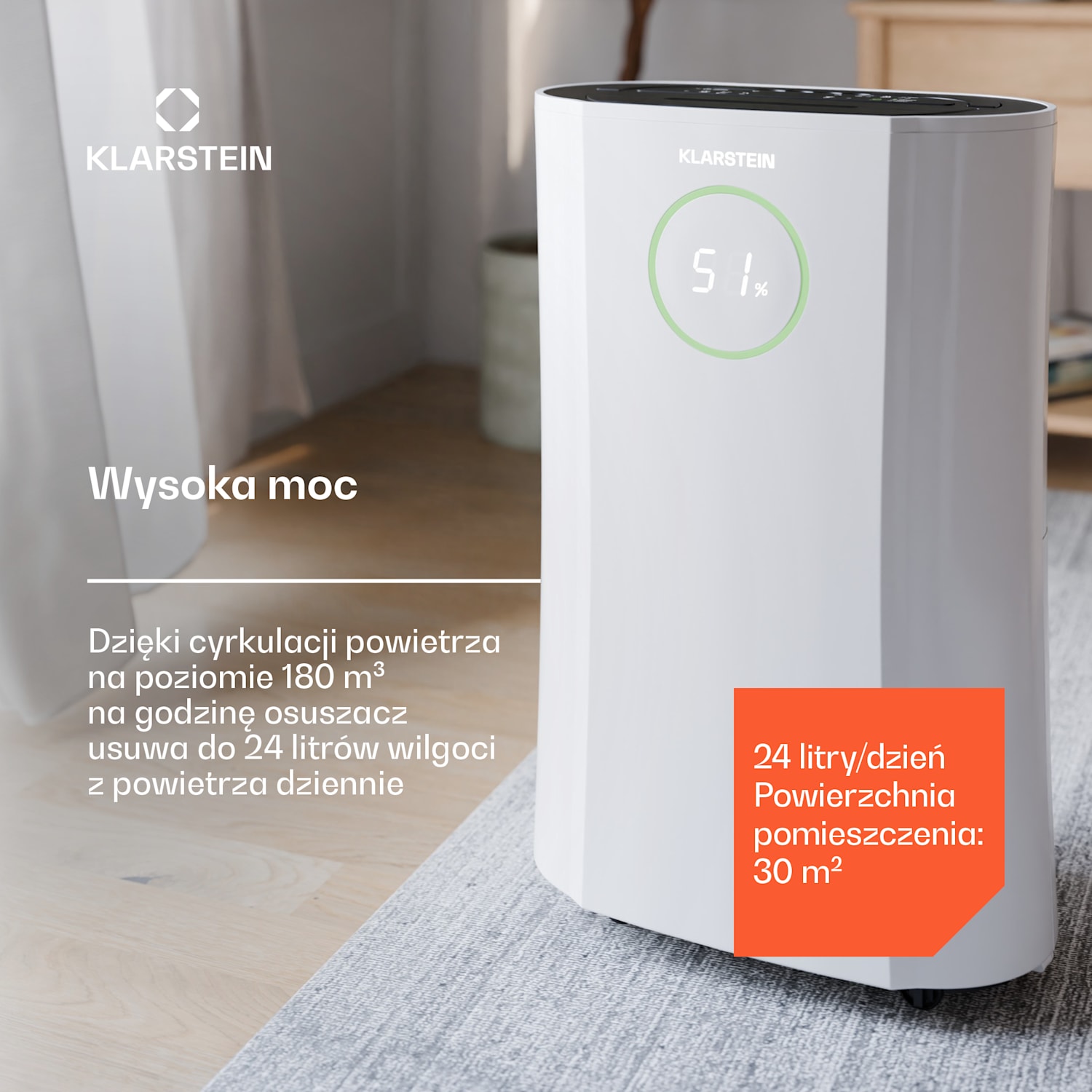 DryFy ProConnect 24L osuszacz powietrza, 24 l/doba, 30 m², Wi-Fi, aplikacja, wskaźnik LED, dobowy programator czasowy 
